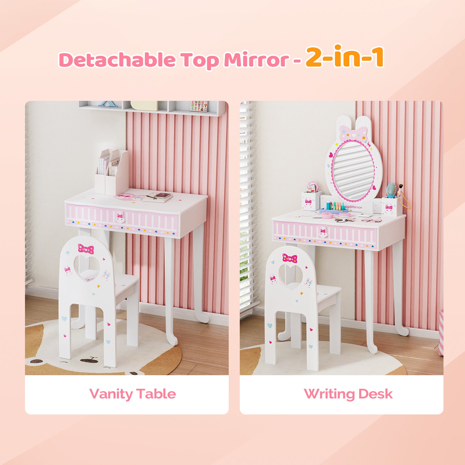 JOYMOR Pretend Play Kids Vanity Set with Mirror 2 in 1 Wooden Princess Makeup Desk Dressing Table