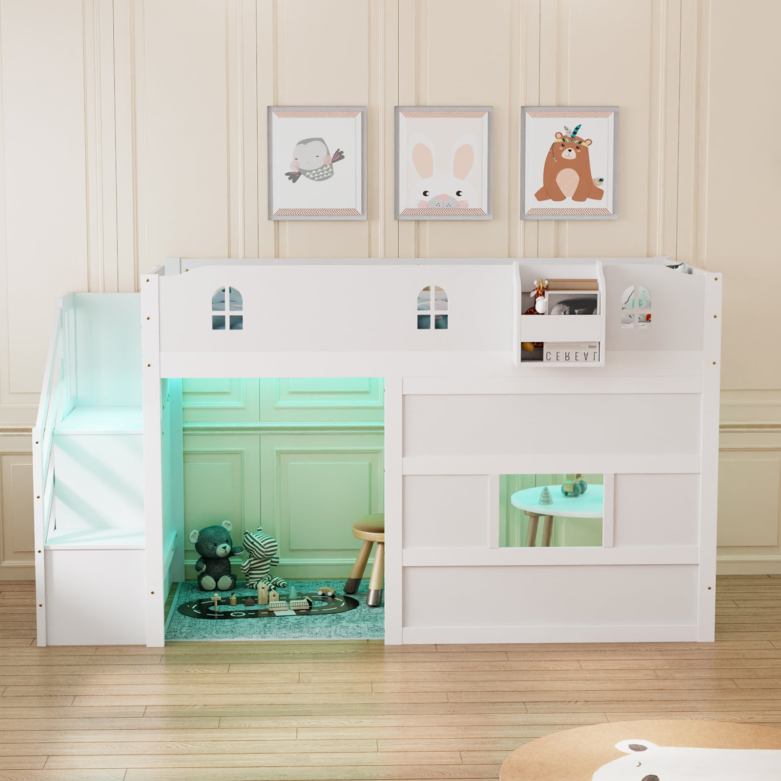 JOYMOR Wood Low Loft Bed Twin Size Bed Frame with Castle Guardrail