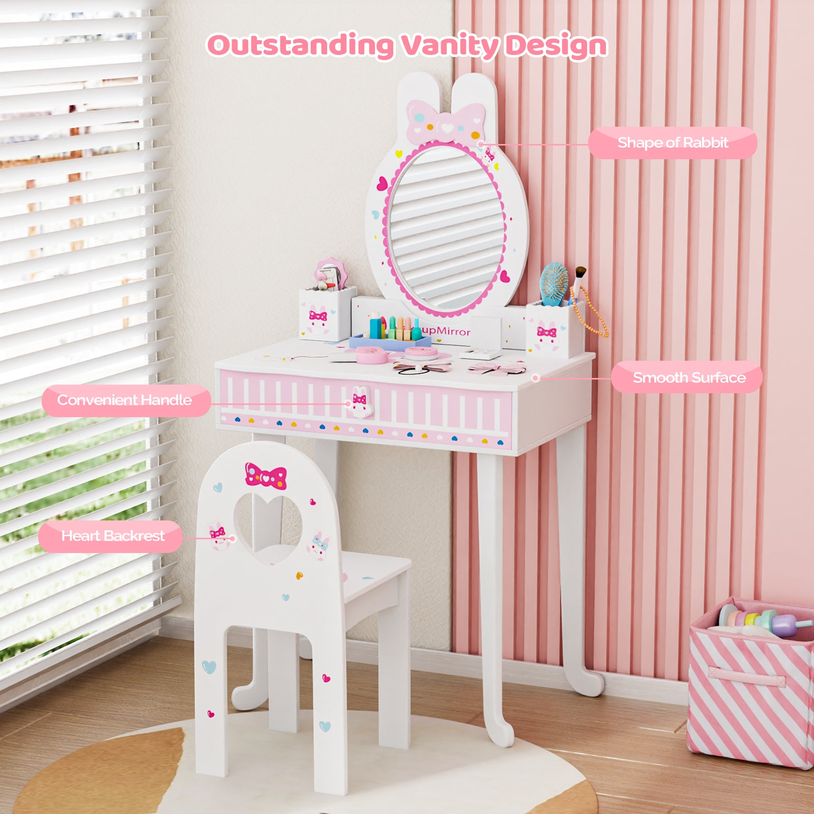JOYMOR Pretend Play Kids Vanity Set with Mirror 2 in 1 Wooden Princess Makeup Desk Dressing Table