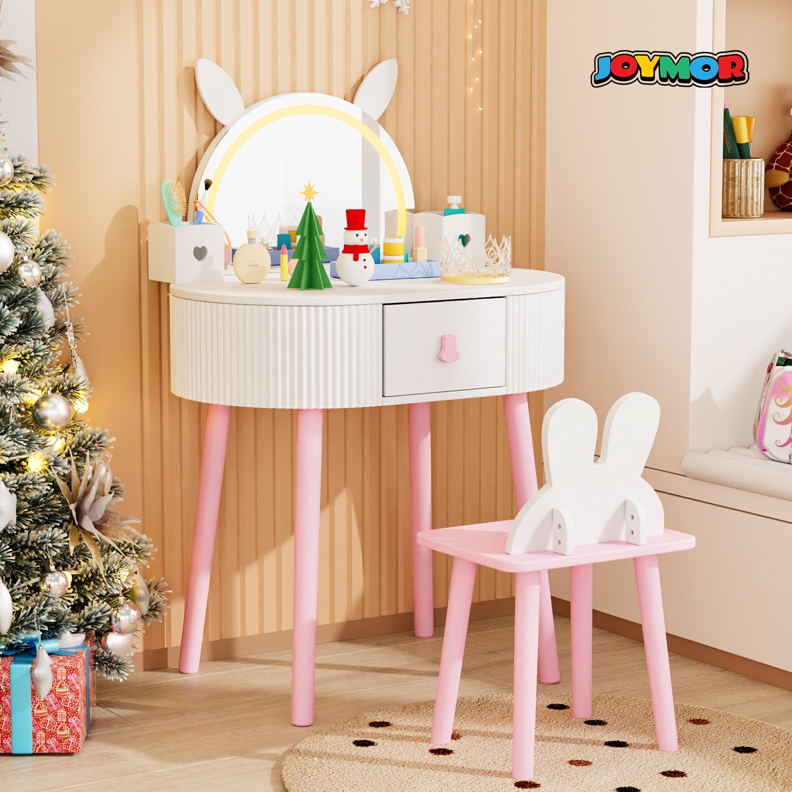 JOYMOR Kids Vanity LED Lighted w/Touch Screen 2 in 1 Wooden Princess Makeup Desk Dressing Table