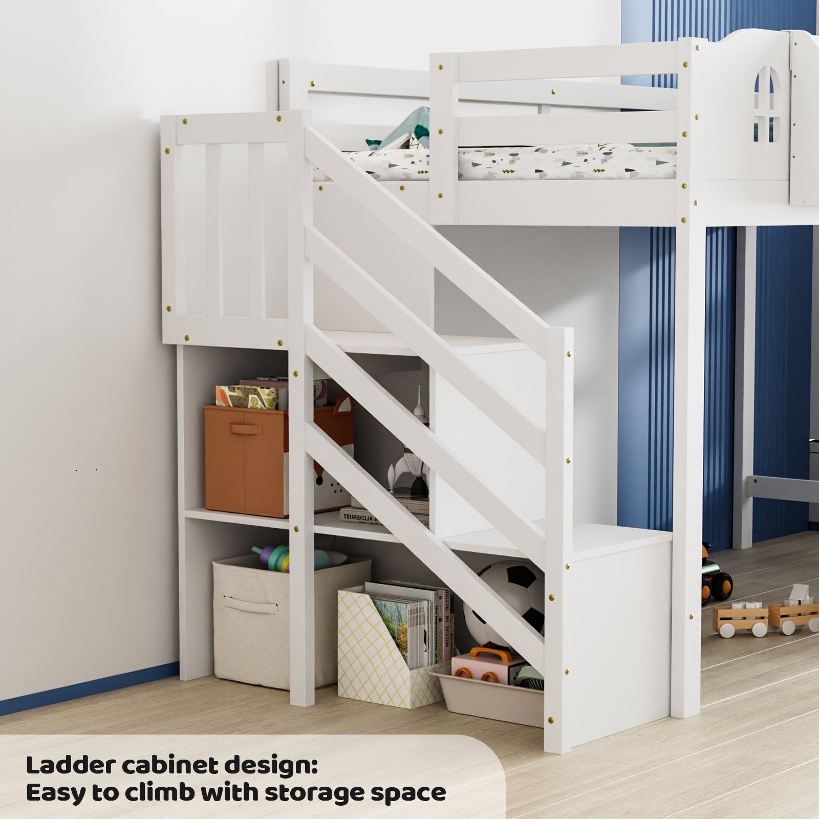 JOYMOR Wood Low Loft Bed Twin Size Bed Frame with Castle Guardrail