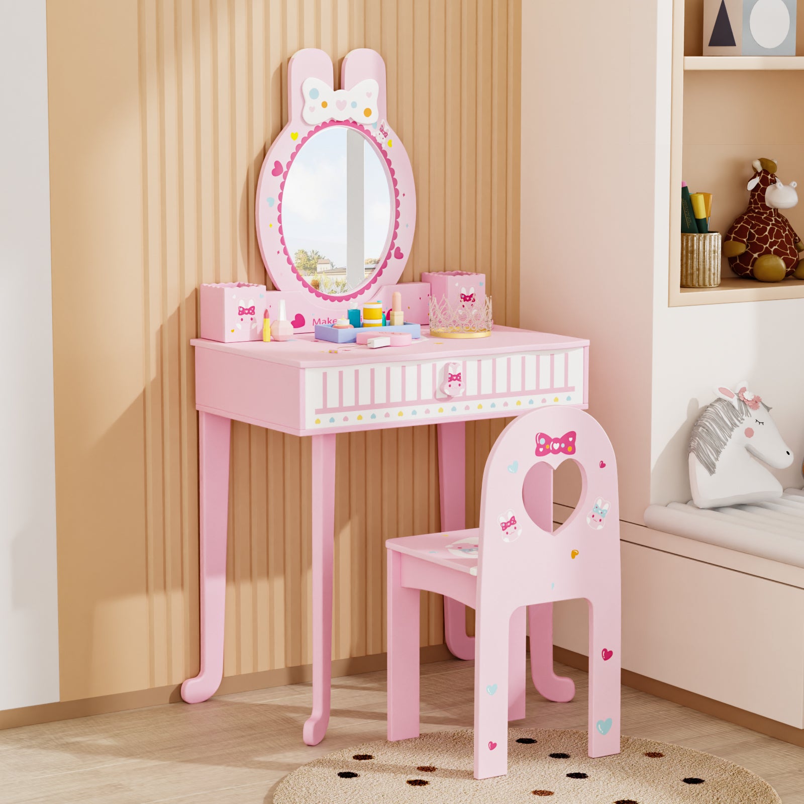JOYMOR Pretend Play Kids Vanity Set with Mirror 2 in 1 Wooden Princess Makeup Desk Dressing Table