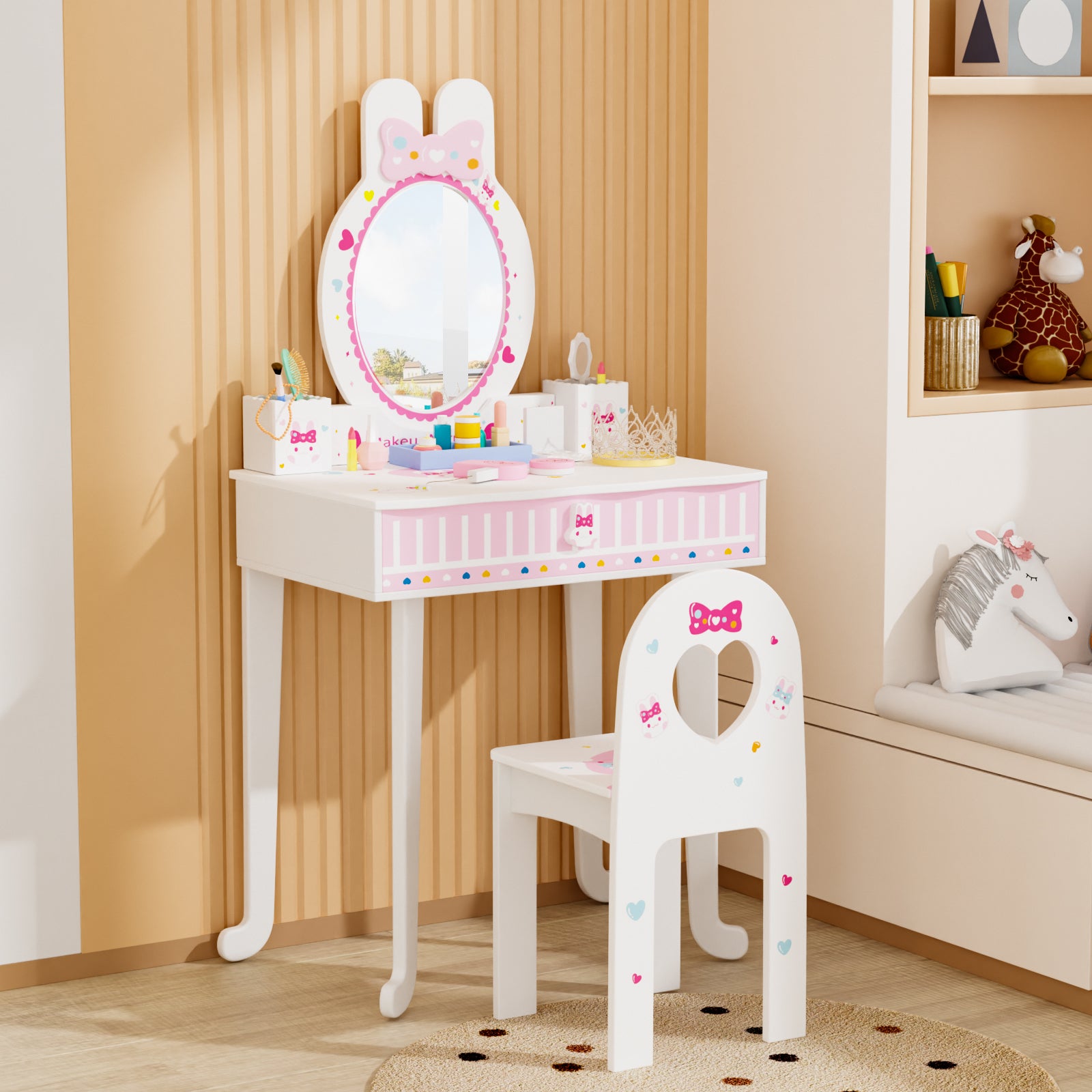 JOYMOR Pretend Play Kids Vanity Set with Mirror 2 in 1 Wooden Princess Makeup Desk Dressing Table