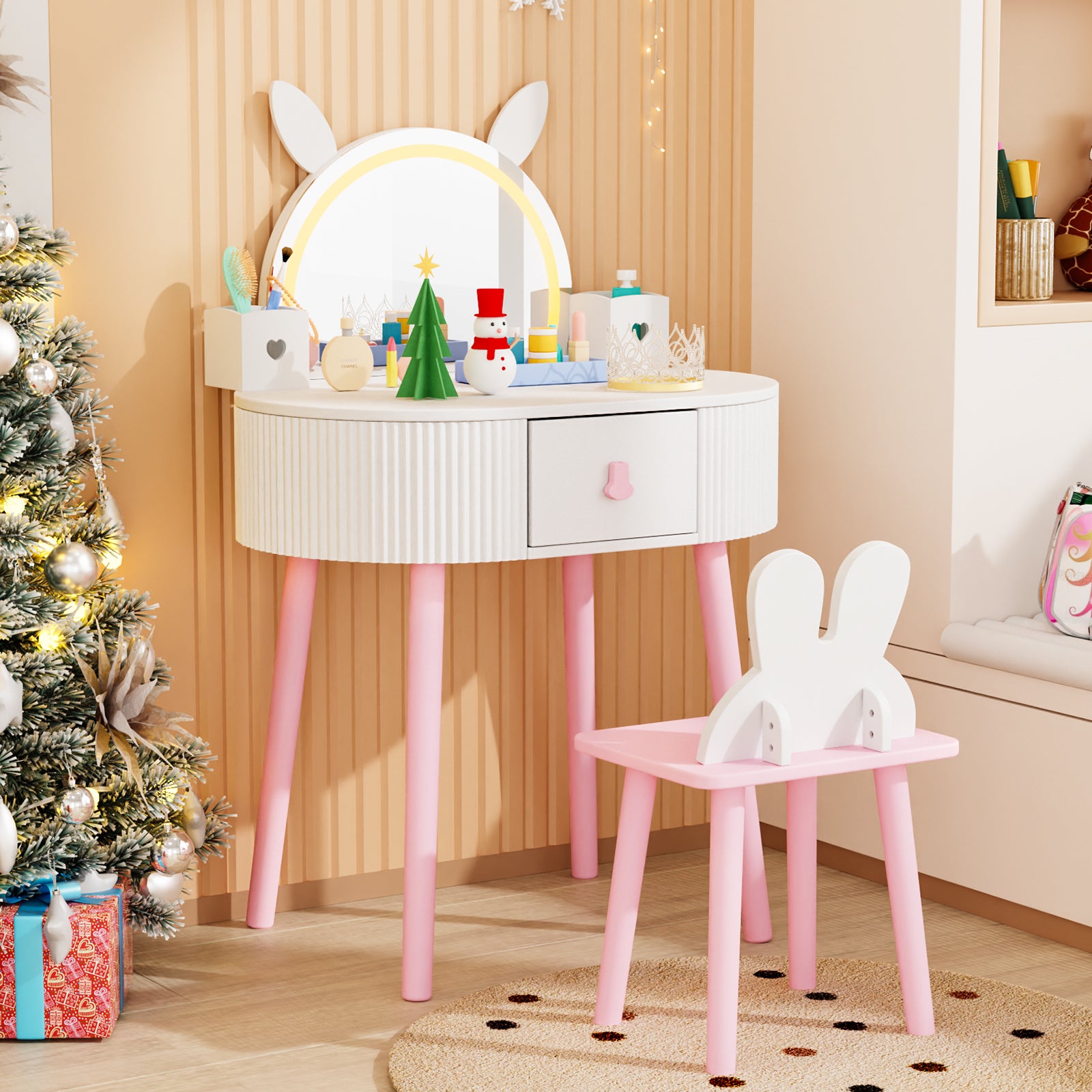 JOYMOR Kids Vanity LED Lighted w/Touch Screen 2 in 1 Wooden Princess Makeup Desk Dressing Table