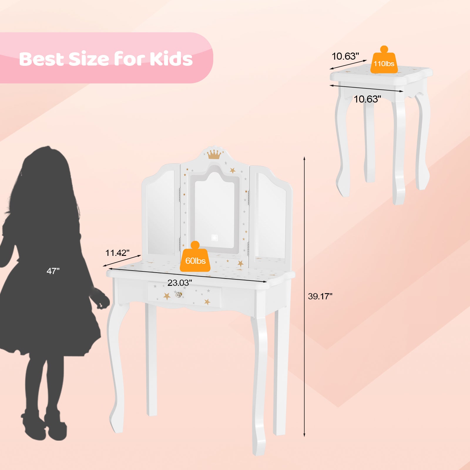 JOYMOR Upgrade Kids Vanity w/Tri-Folding Mirror & Adjustment LED Touch Screen 2-in-1 Wooden Princess Makeup Desk Dressing Table