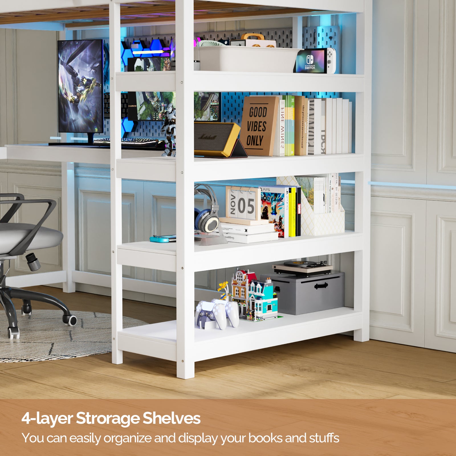 JOYMOR Twin Size Bunk Bed Loft Bed Frame with Desk & Bookcase