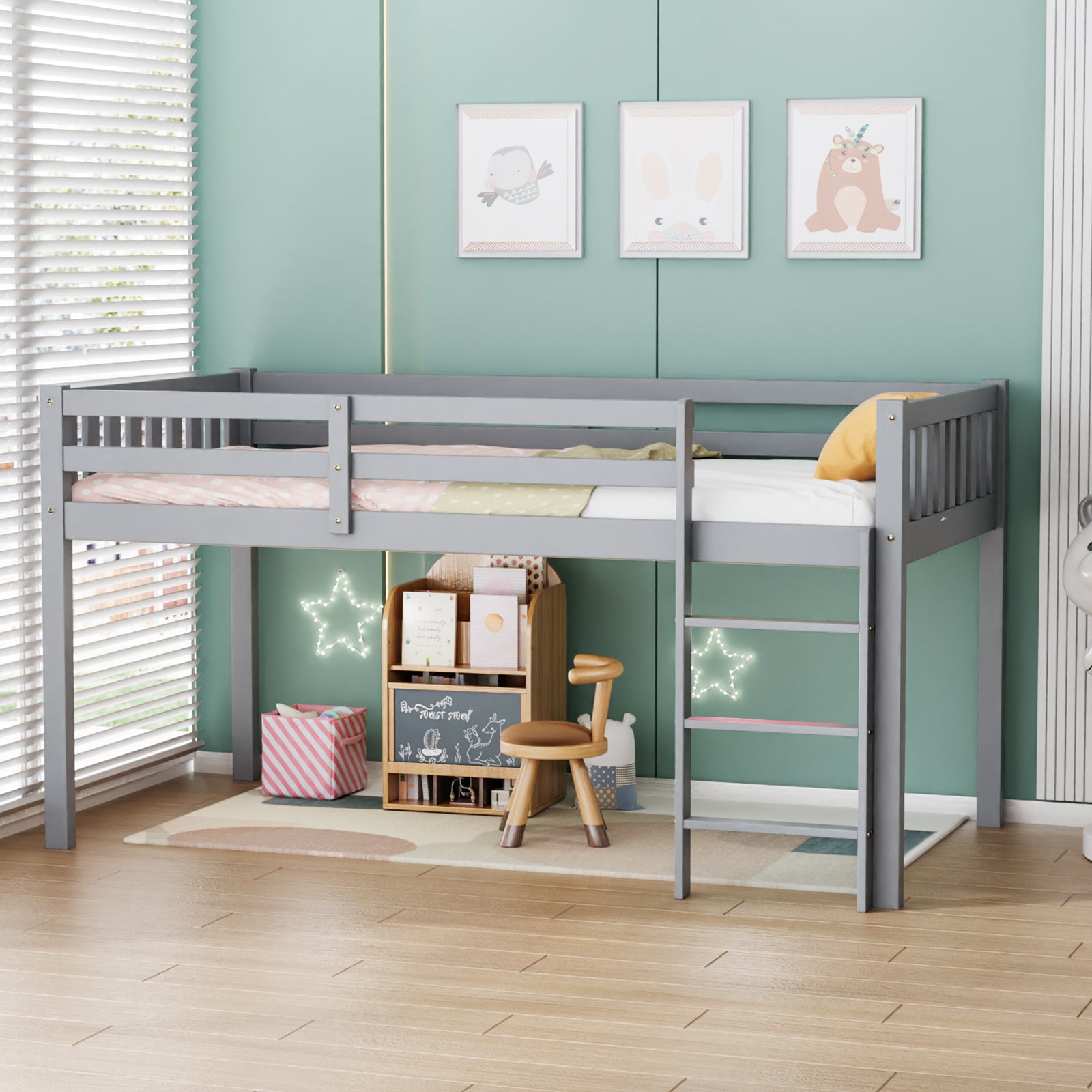 JOYMOR Low Loft Bed with Stairs Wood Twin Bed Frame