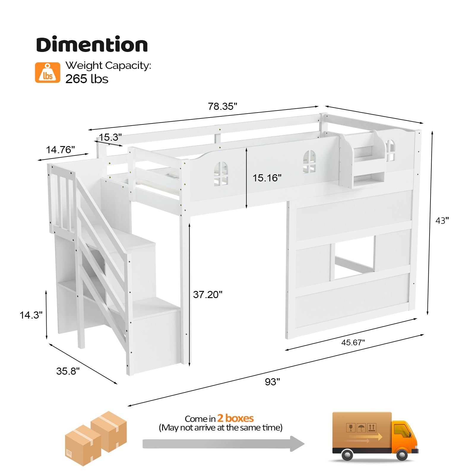 JOYMOR Wood Low Loft Bed Twin Size Bed Frame with Castle Guardrail