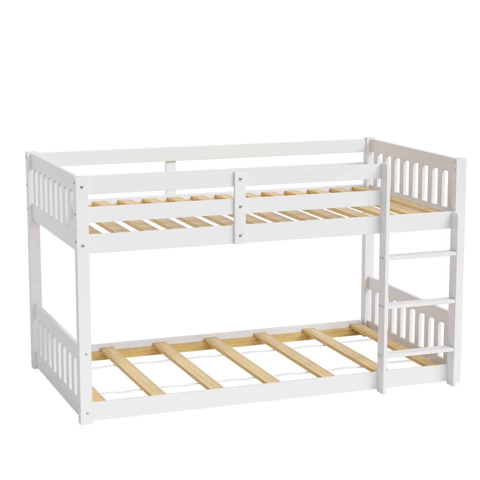 JOYMOR Wood Bunk Bed Low Twin Over Twin Bed Frame with Ladder