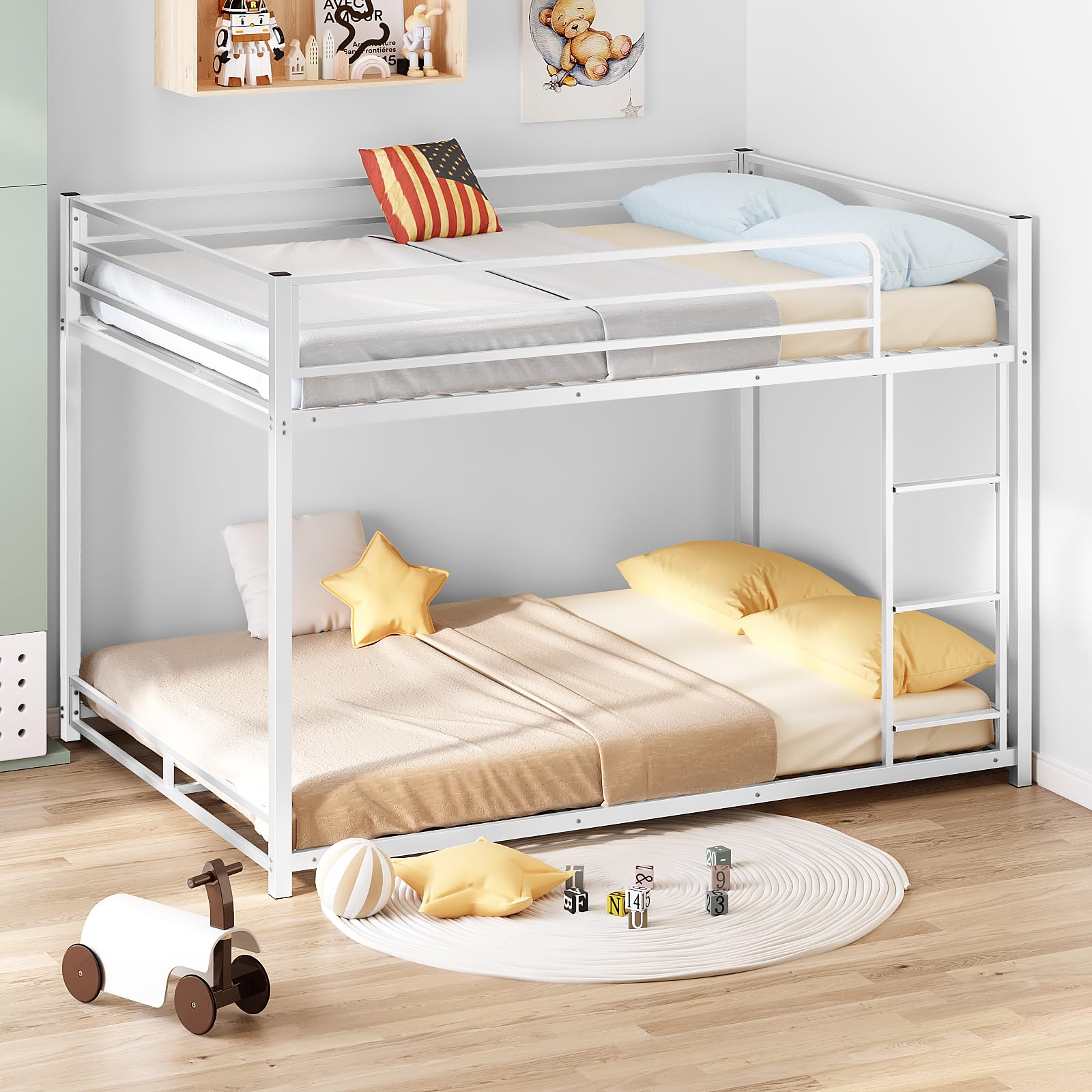 JOYMOR Metal Low Bunk Bed Twin Over Twin Bed Frame