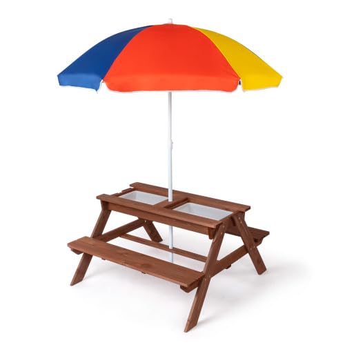 JOYMOR Kids Picnic Table Toddler Fir Wood Kids Outdoor Table and Chairs with Removable Umbrella