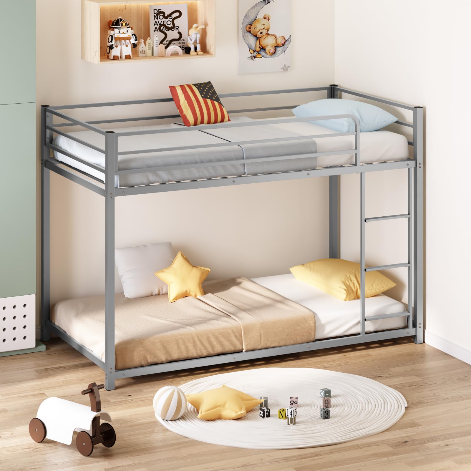 JOYMOR Metal Low Bunk Bed Twin Over Twin Bed Frame