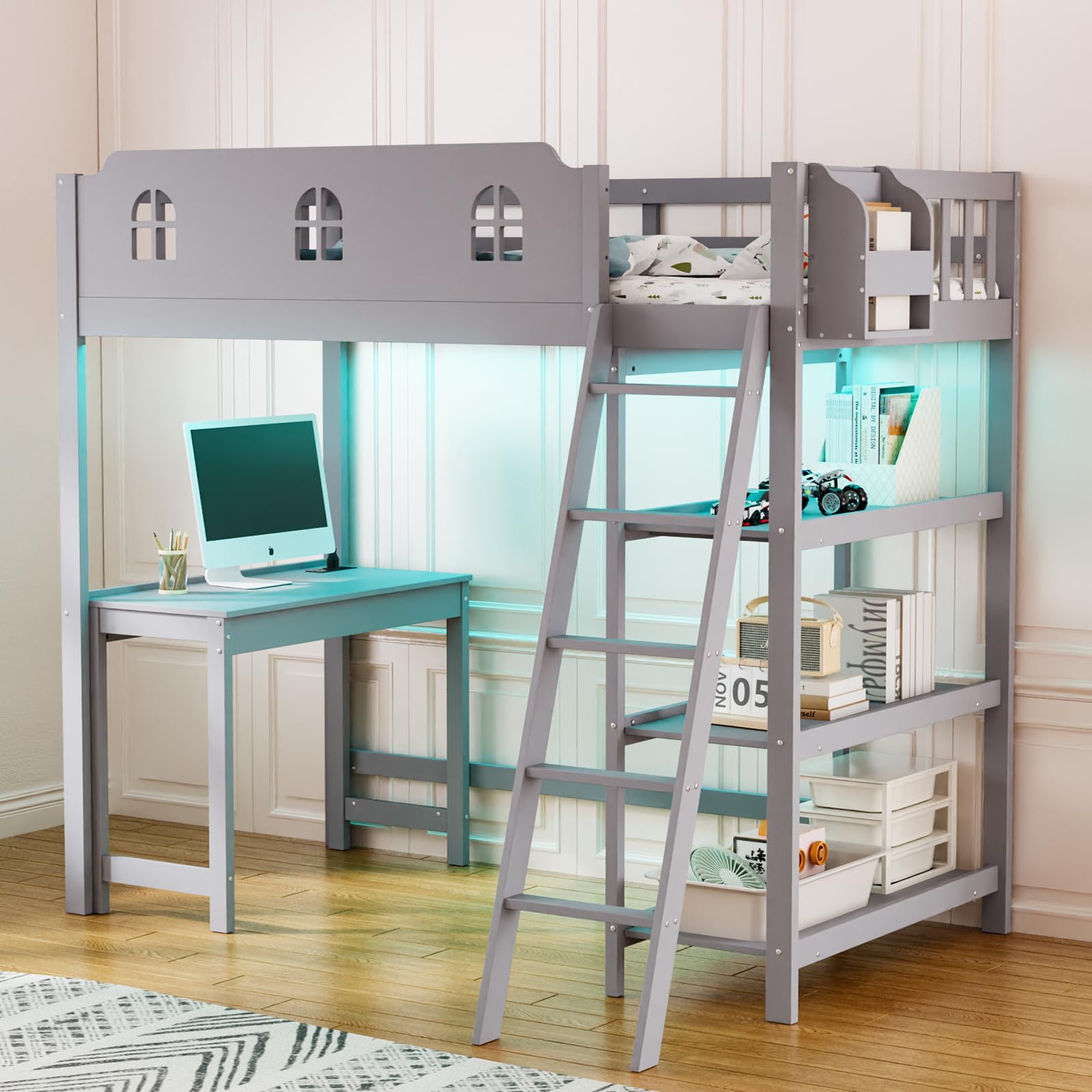 JOYMOR Wood Loft Bed with Desk Twin Size Bed Frame