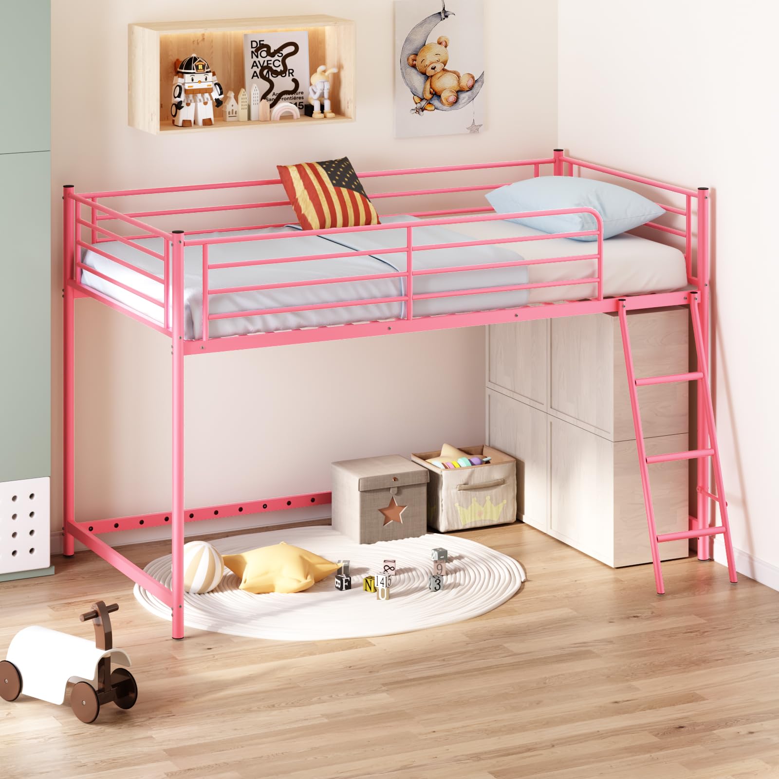 JOYMOR Low Loft Bed Metal Twin Size Bed Frame with Guardrail