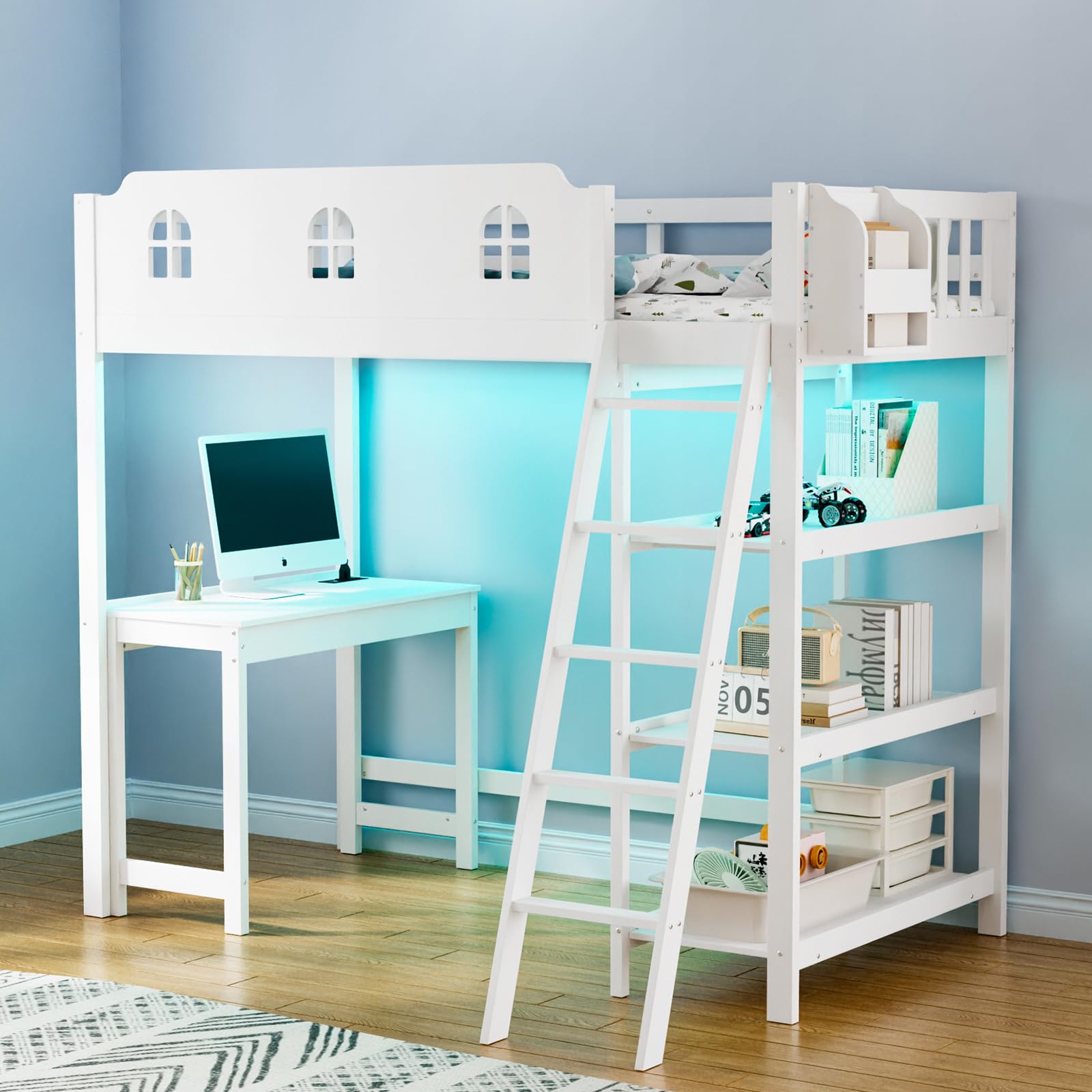 JOYMOR Wood Loft Bed with Desk Twin Size Bed Frame