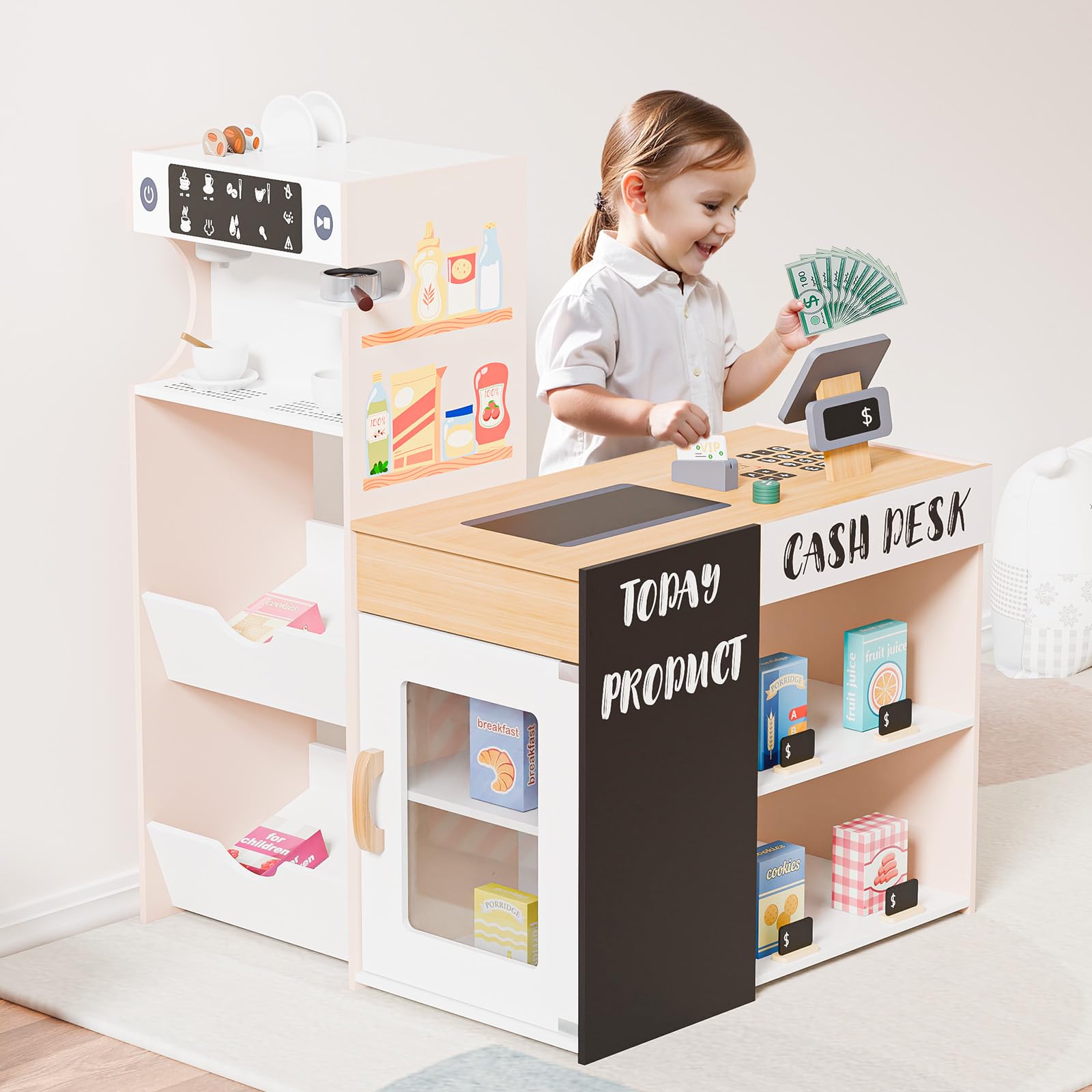 JOYMOR Pretend Supermarket Kids Wooden Grocery Store Playset