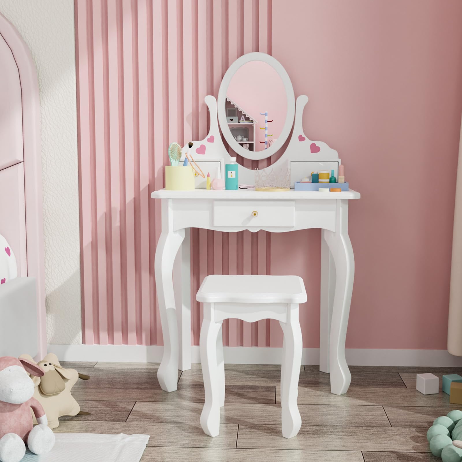 JOYMOR Kids Vanity Set with Makeup Dressing Table and Rotatable Mirror