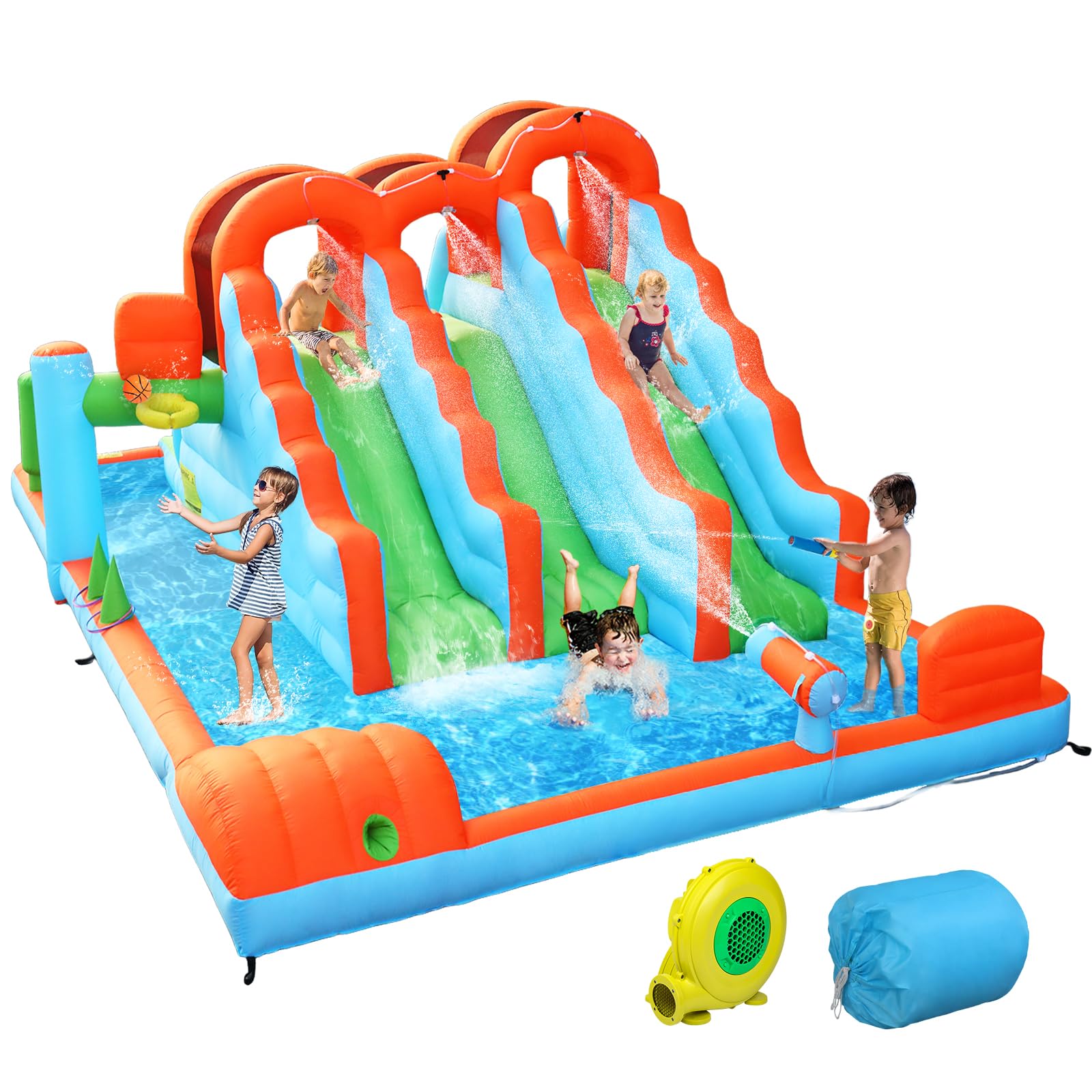 JOYMOR 10-in-1 Kids Backyard Inflatable Bounce House with 3 Water Slides