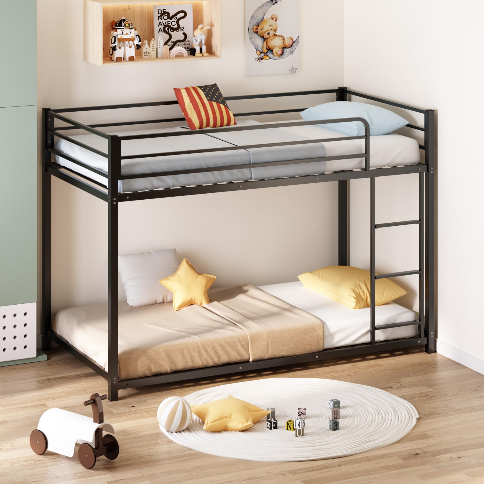 JOYMOR Metal Low Bunk Bed Twin Over Twin Bed Frame