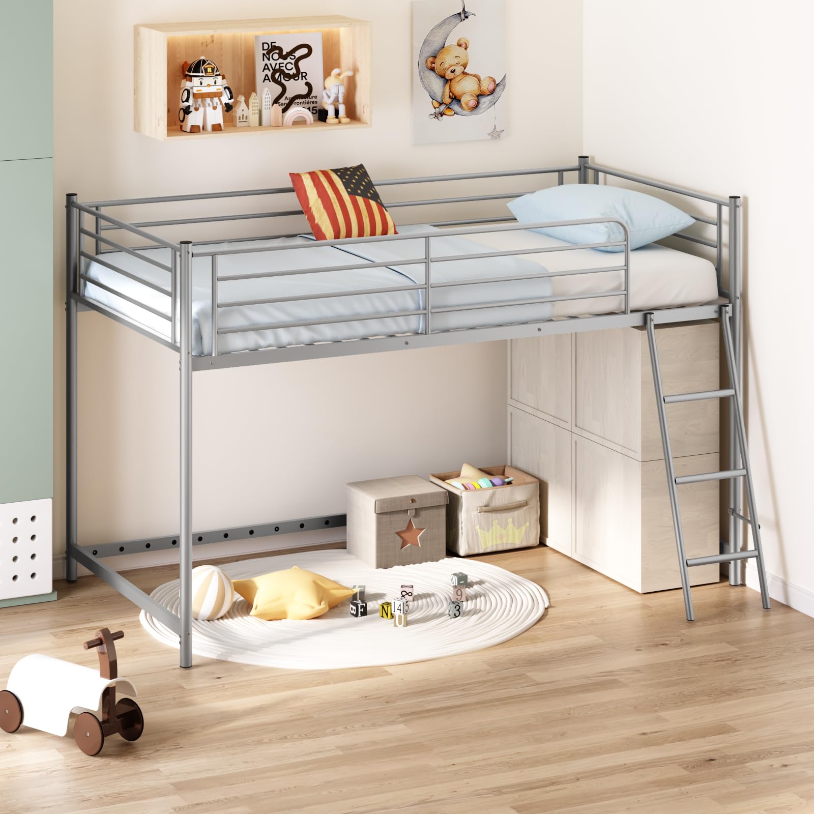 JOYMOR Low Loft Bed Metal Twin Size Bed Frame with Guardrail