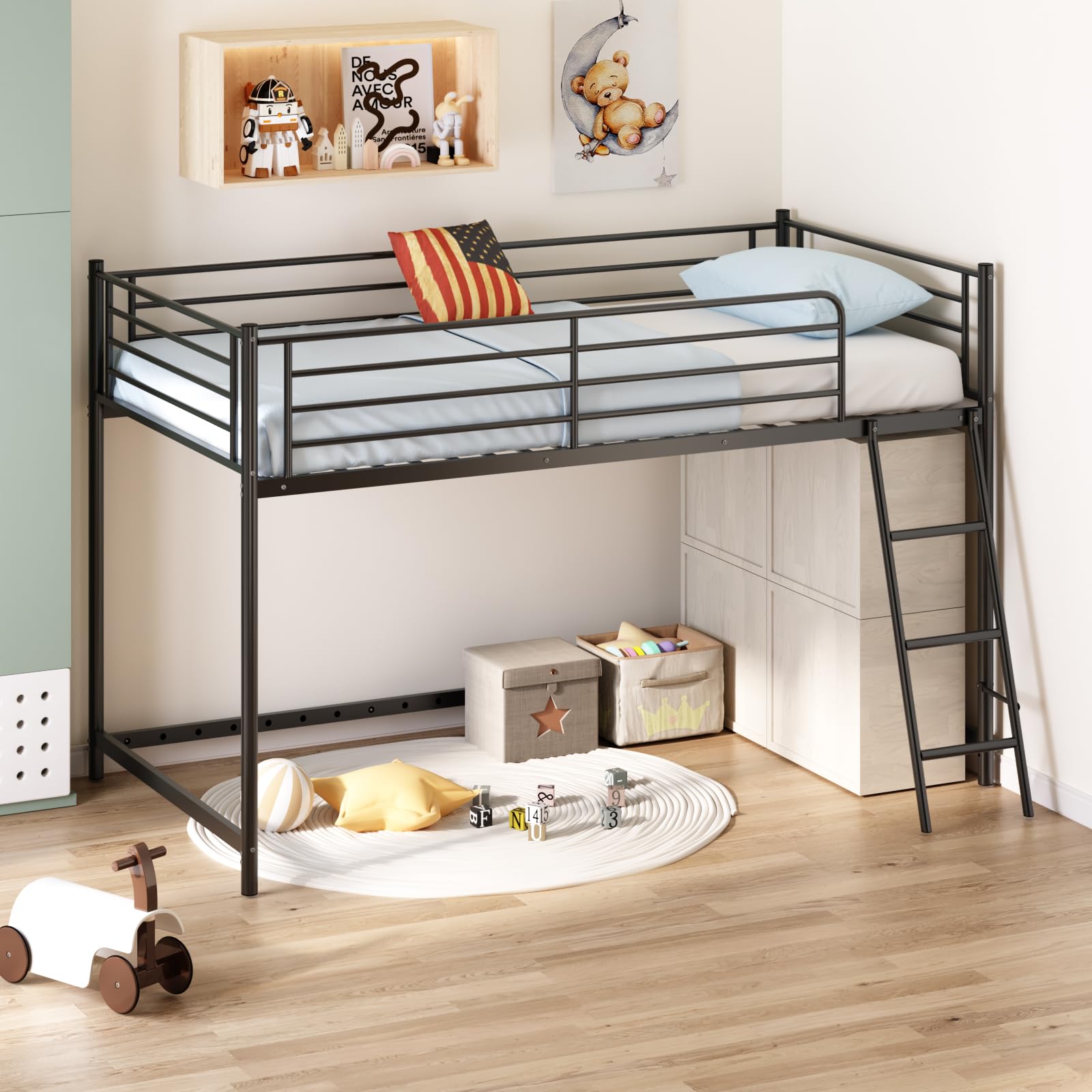 JOYMOR Low Loft Bed Metal Twin Size Bed Frame with Guardrail