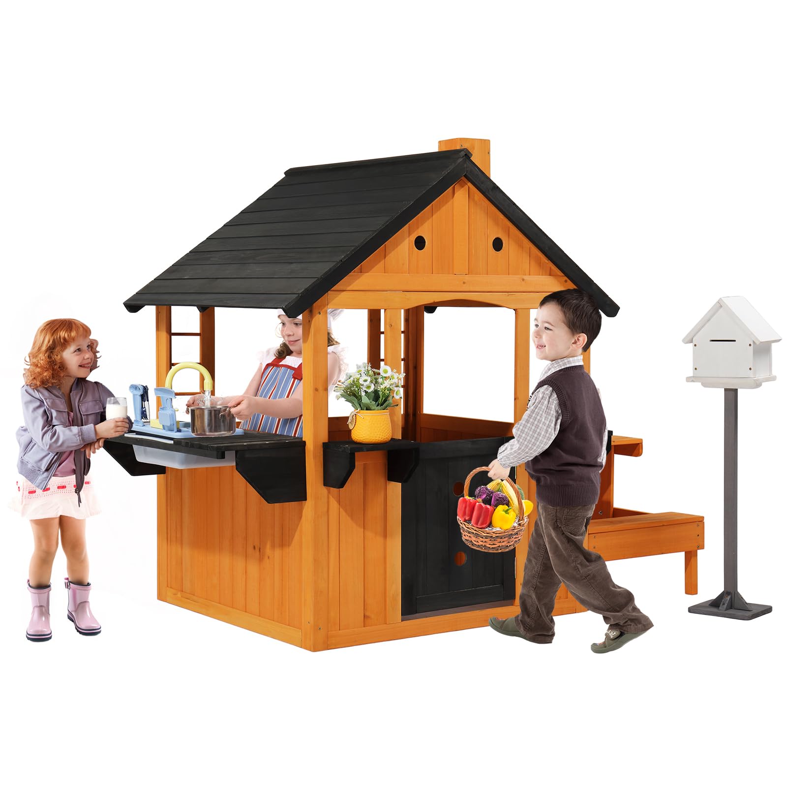 JOYMOR Outdoor Kids Playhouse Wooden Play House for Backyard