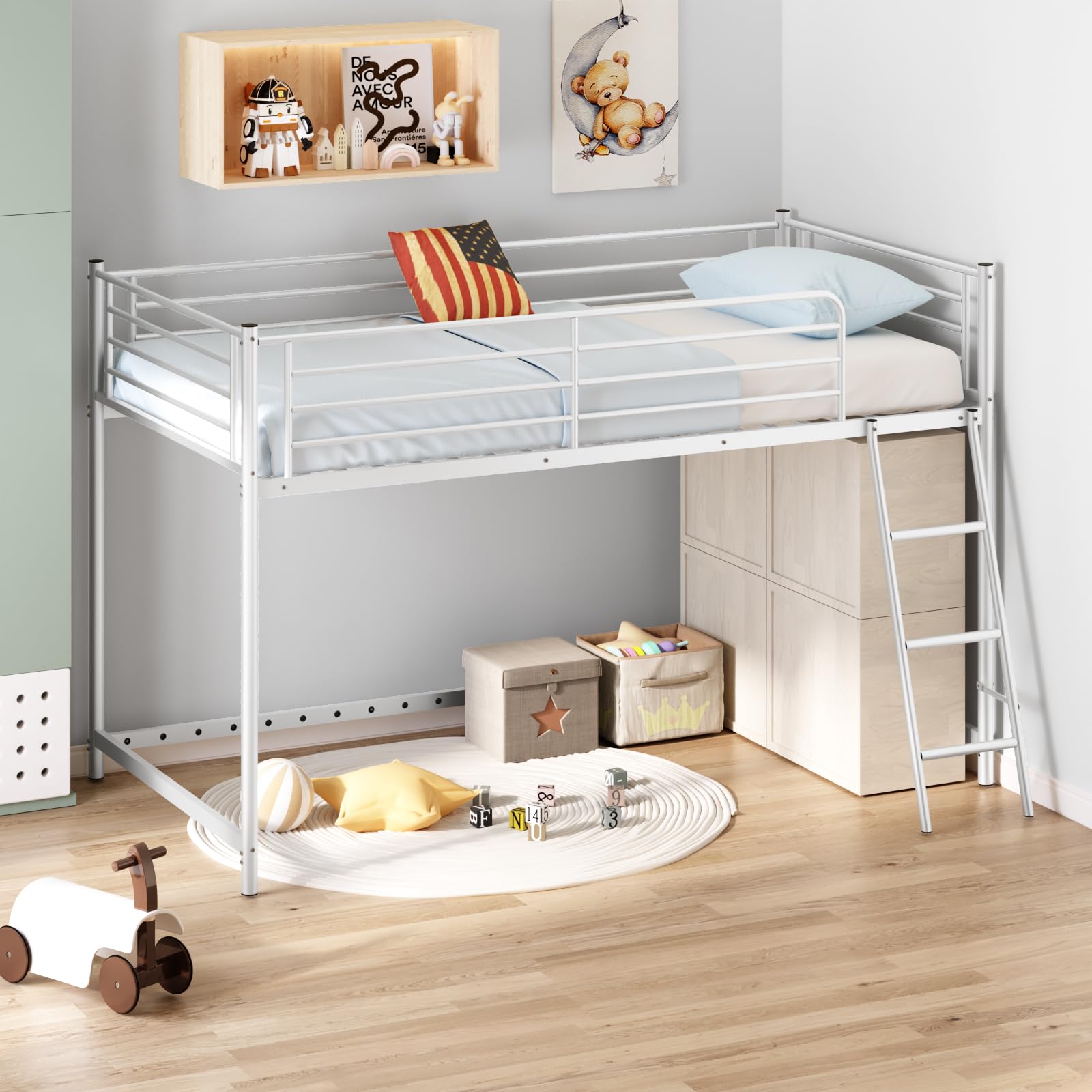 JOYMOR Low Loft Bed Metal Twin Size Bed Frame with Guardrail