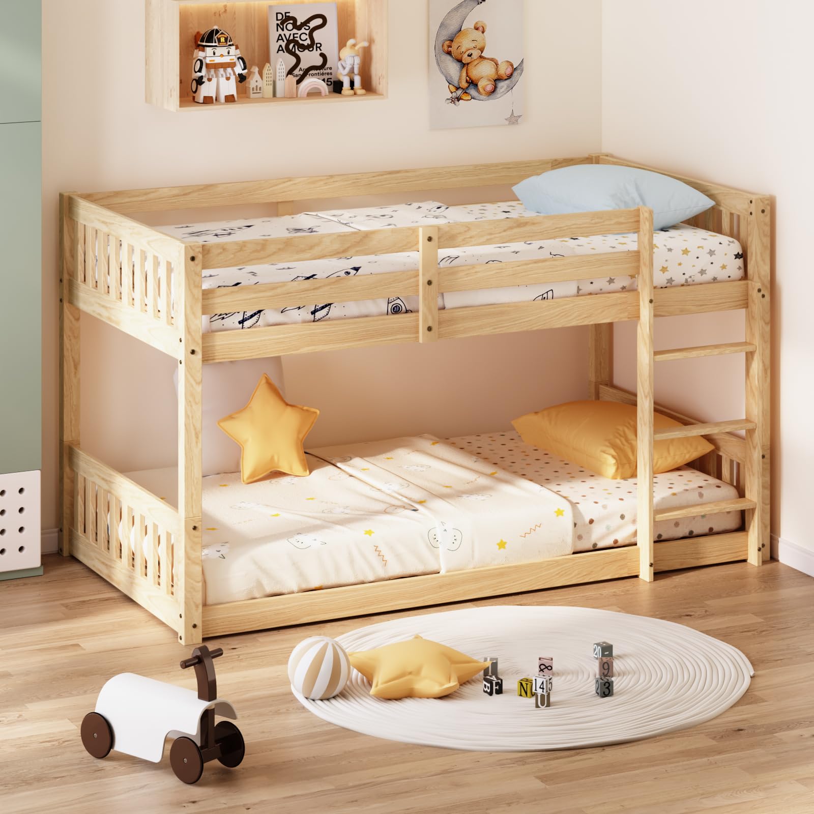 JOYMOR Wood Bunk Bed Low Twin Over Twin Bed Frame with Ladder