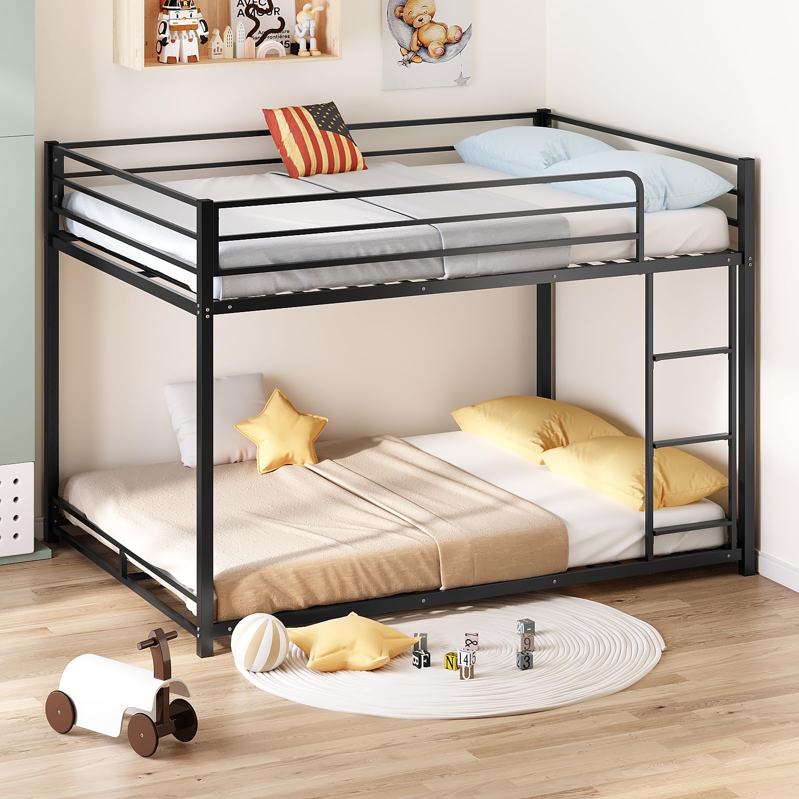 JOYMOR Metal Low Bunk Bed Twin Over Twin Bed Frame