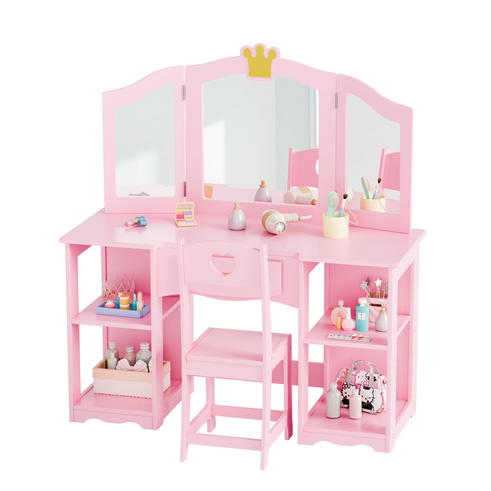 JOYMOR Kids 2 in 1 Princess Vanity Table and Chair Set w/Tri-Folding Mirror