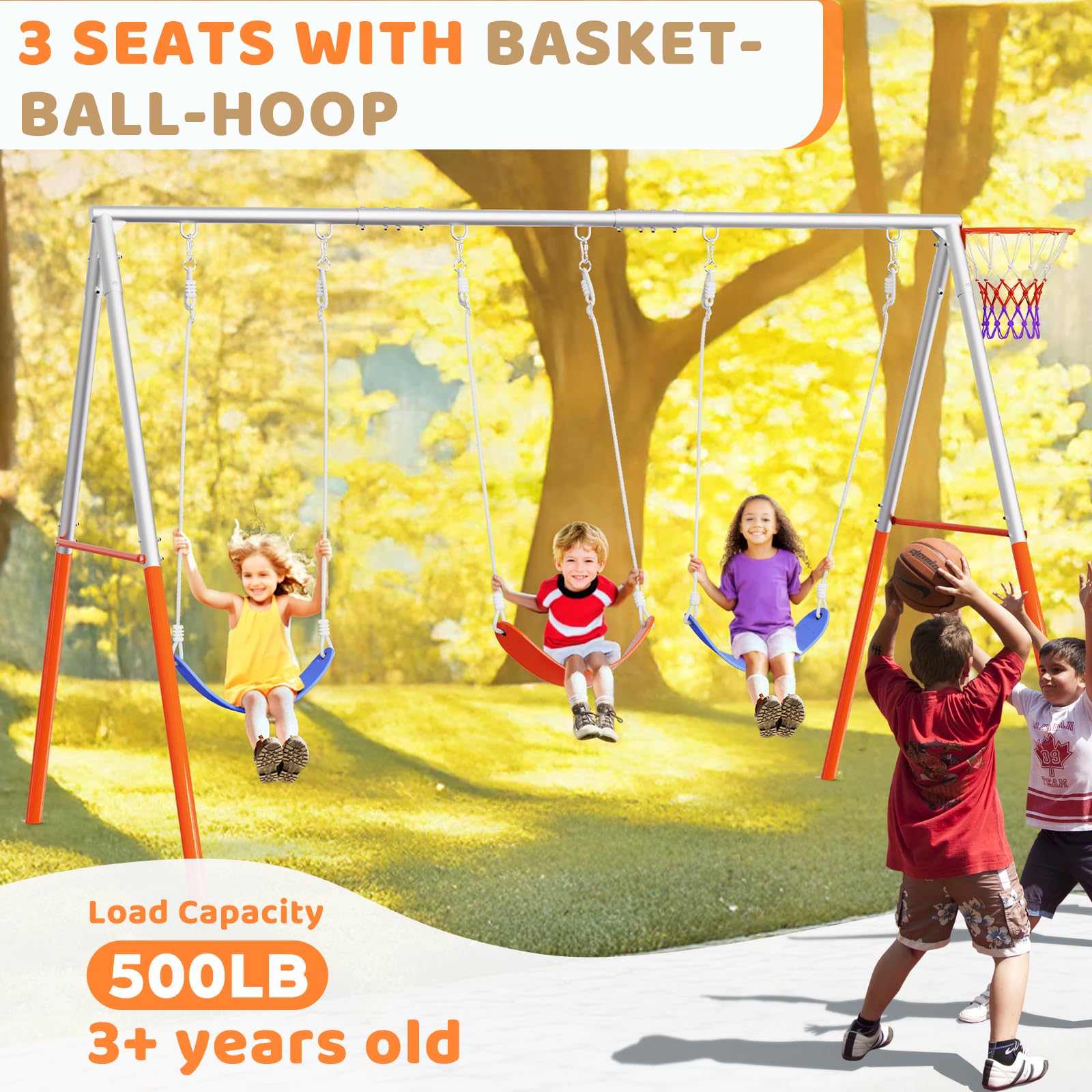JOYMOR 4-in-1 Swing Sets for Backyard 3-Seats Kids Swing Set with Basketball-Hoop