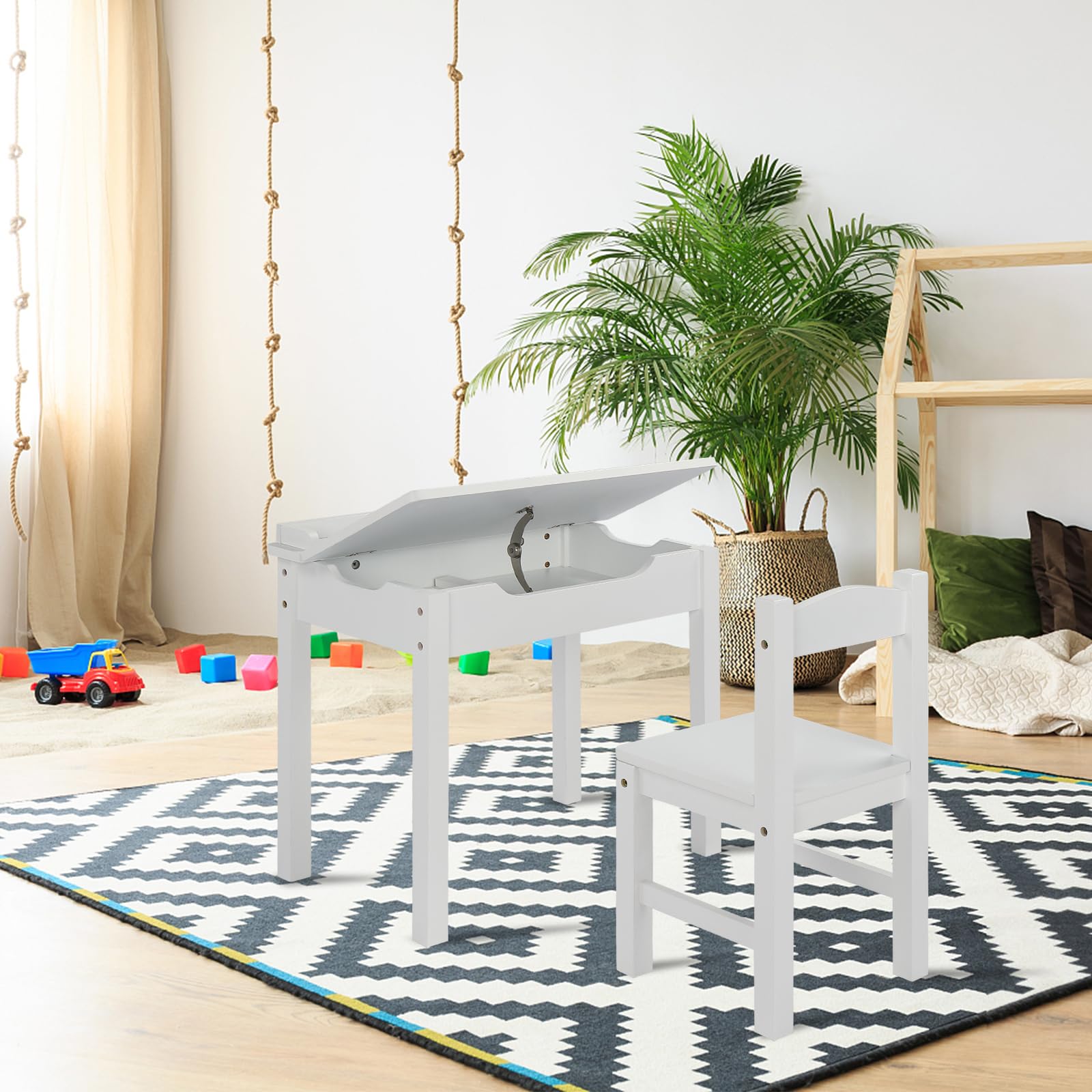 JOYMOR Wooden Lift-Top Desk Set Kids Table and Chair with Storage