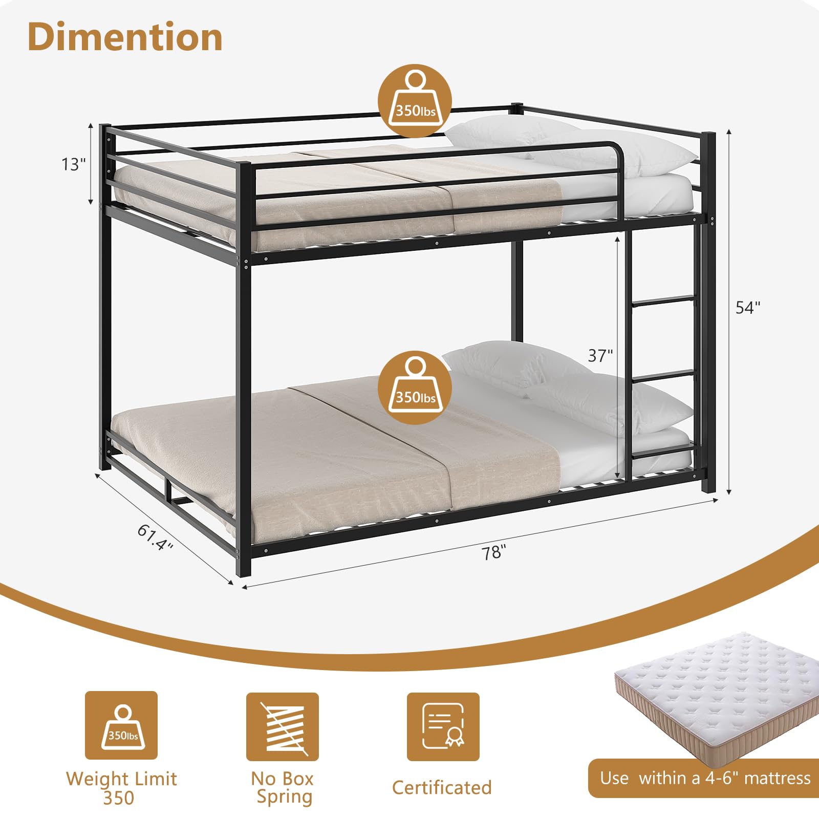 JOYMOR Metal Low Bunk Bed Twin Over Twin Bed Frame