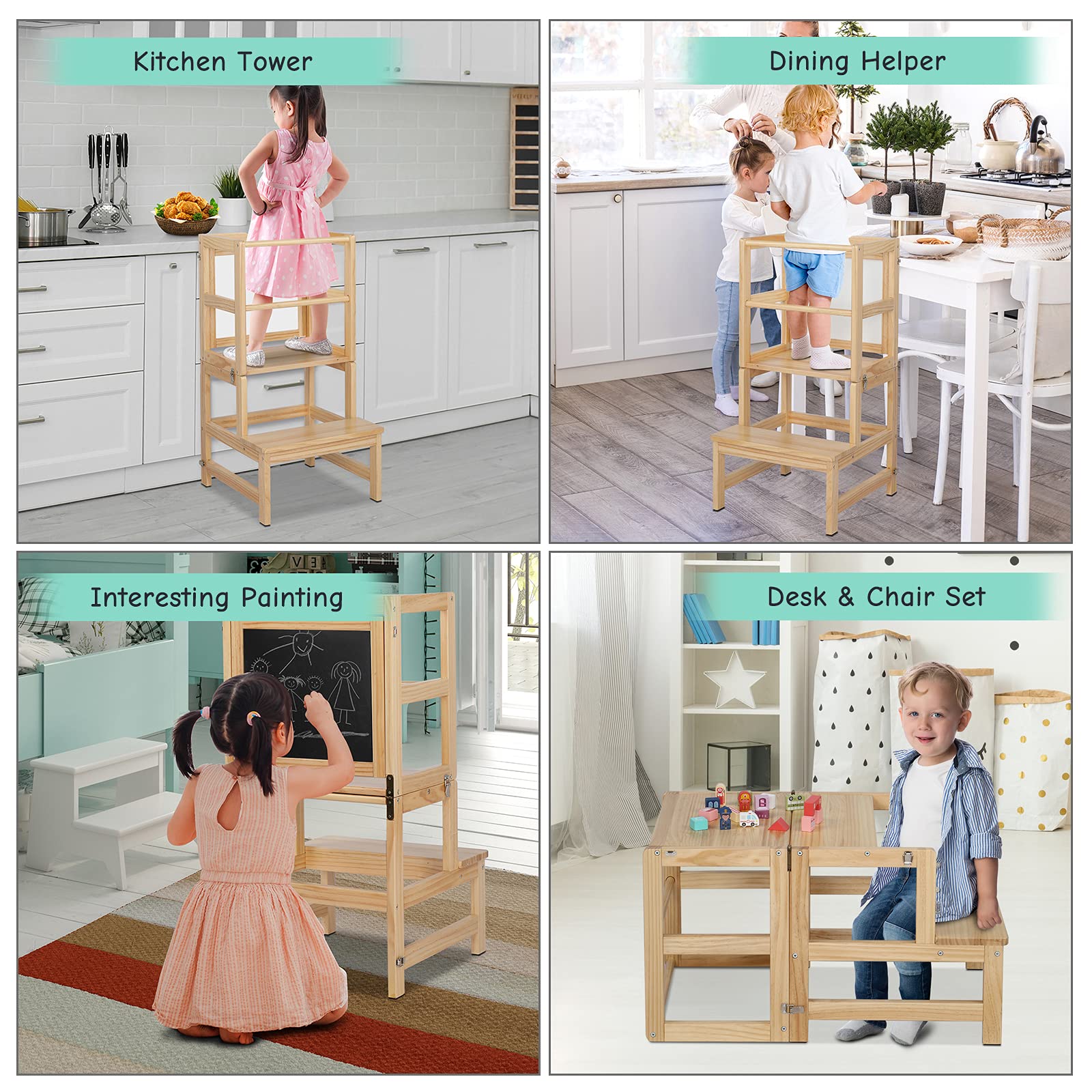 JoyMor Kids Kitchen Standing Tower with Safety Rail and Chalkboard