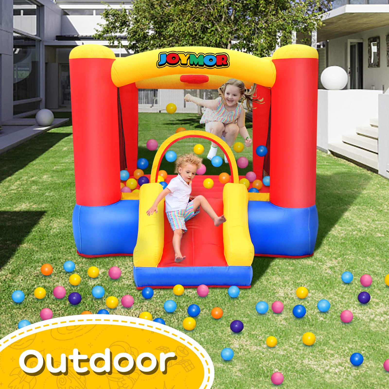 JOYMOR Inflatable Bounce Slide Castle House with Blower – Indoor & Outdoor Playhouse