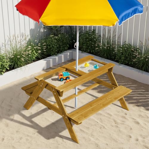 JOYMOR Kids Picnic Table Toddler Fir Wood Kids Outdoor Table and Chairs with Removable Umbrella