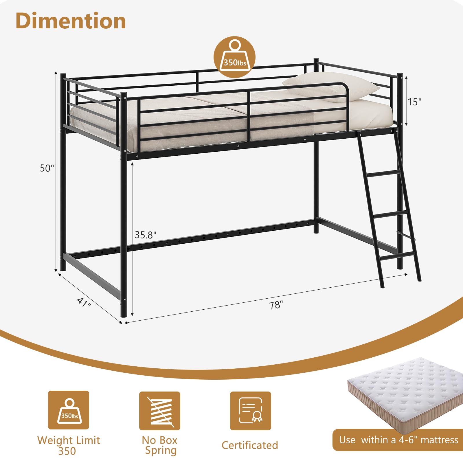 JOYMOR Low Loft Bed Metal Twin Size Bed Frame with Guardrail