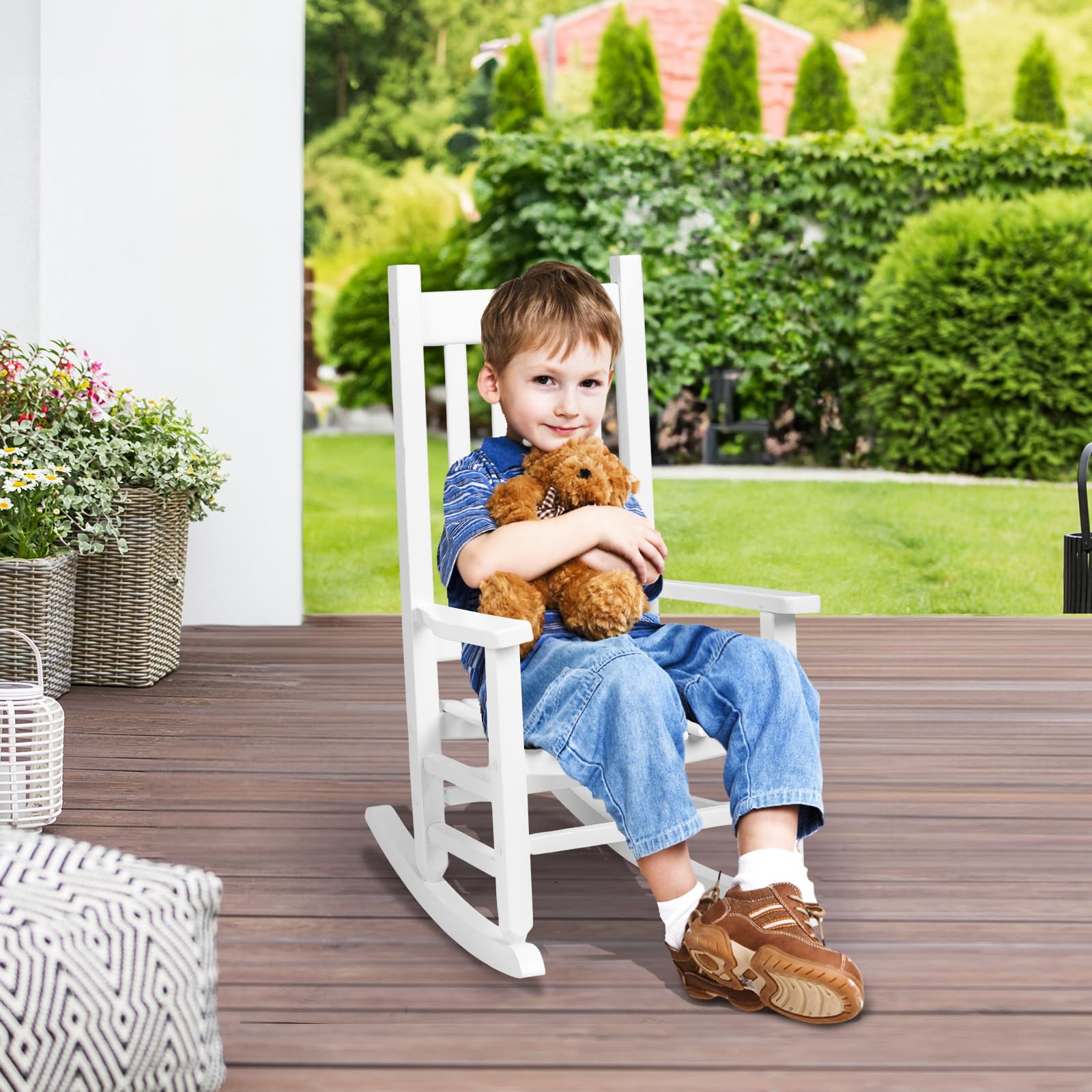 JOYMOR Wooden Rocking Chair with High Backrest Outdoor Toddler Porch Rocker