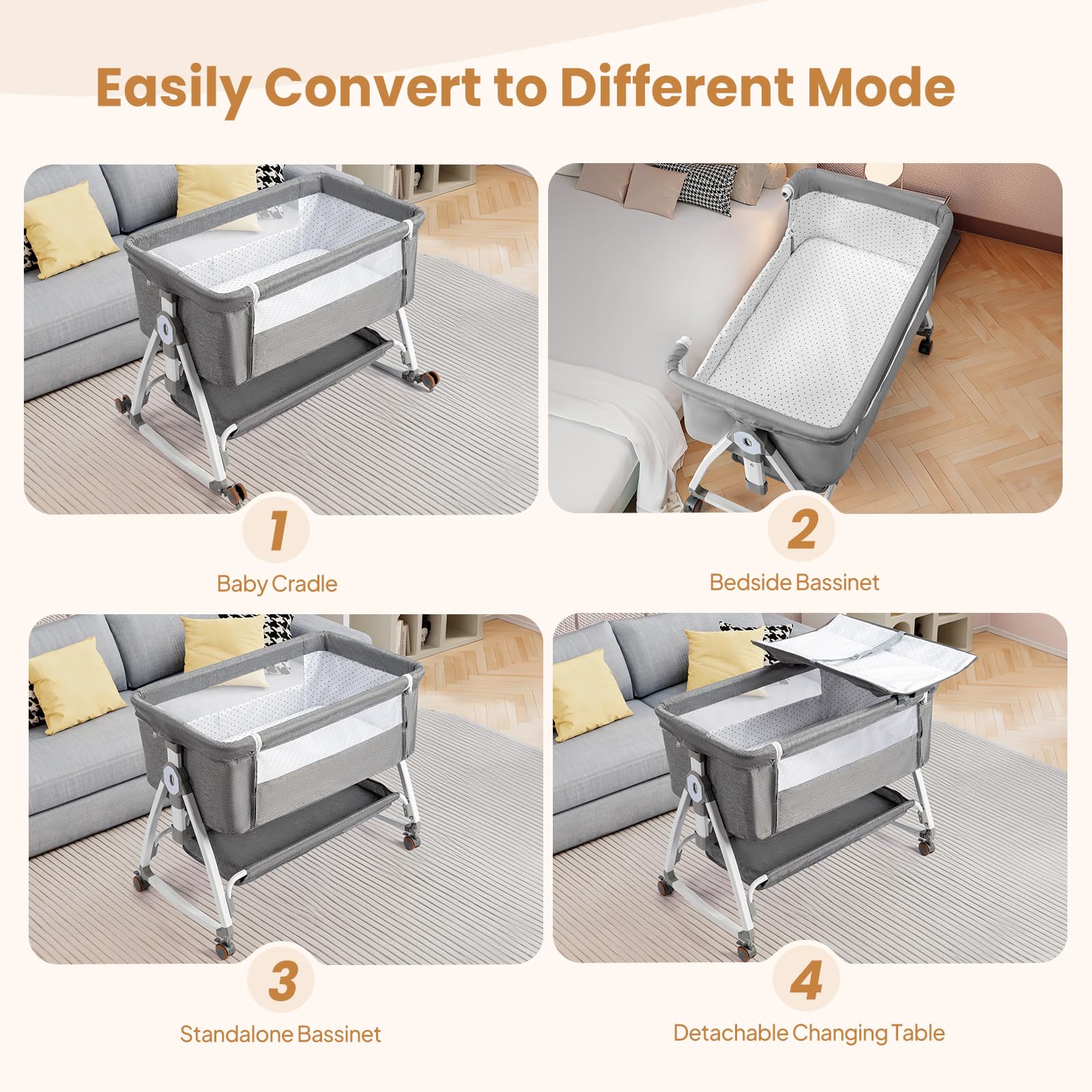 JOYMOR 4 in 1 Baby Bassinet Crib Bedside Sleeper with Changing Table