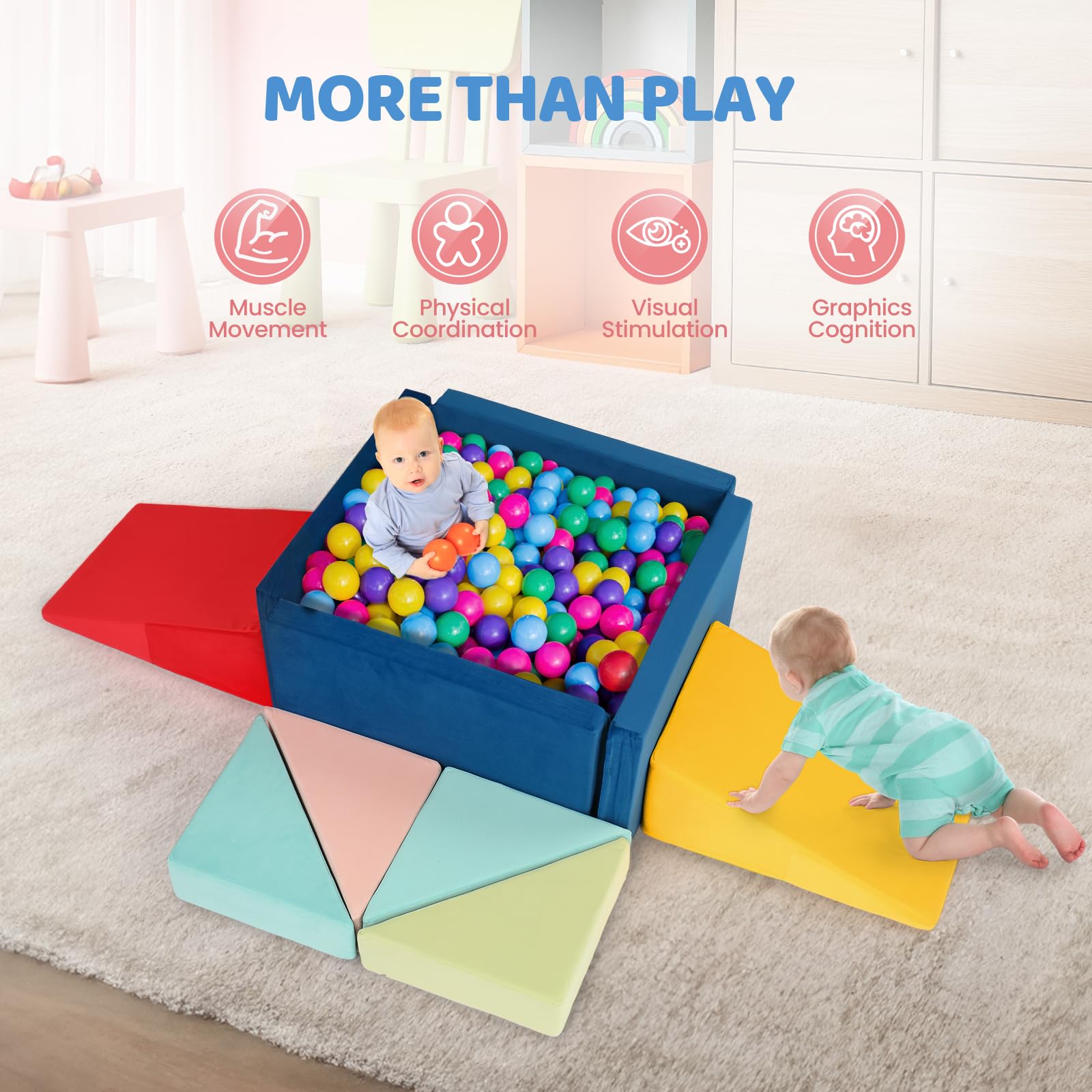 JOYMOR 8-Piece Soft Foam Climbing Blocks for Toddlers Fabric with Foldable Ball Pit