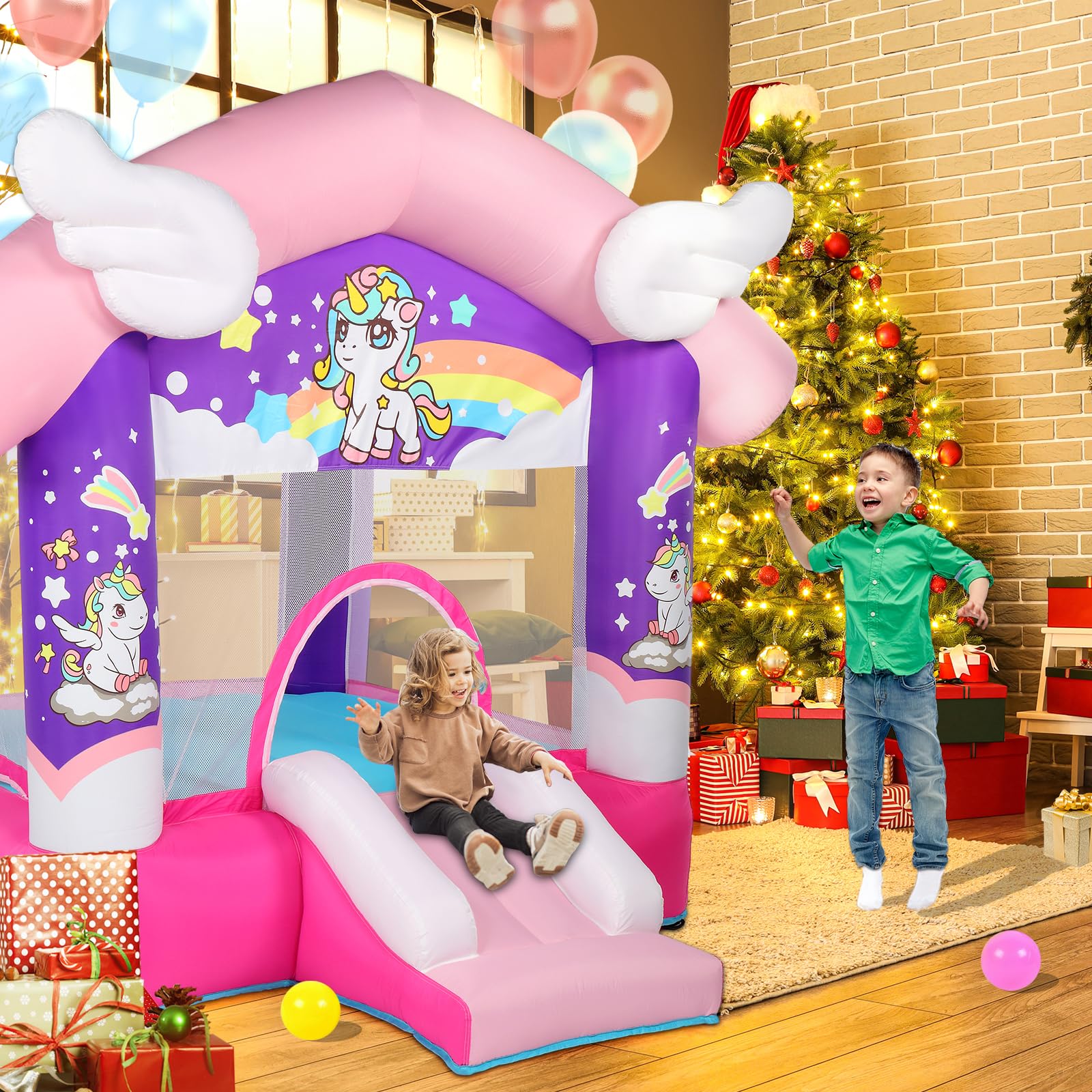 JOYMOR Inflatable Bounce Slide Castle House with Blower – Indoor & Outdoor Playhouse