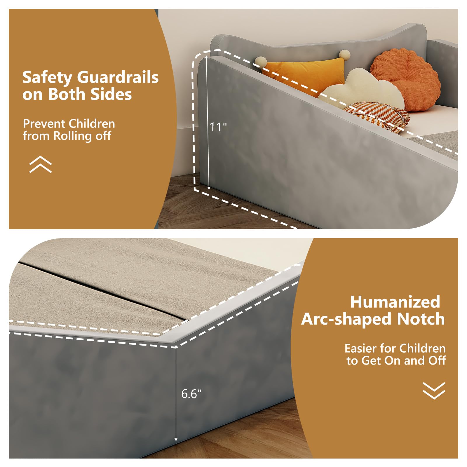 JOYMOR Toddler Bed Kids Floor Bed Frame with Guard Rails