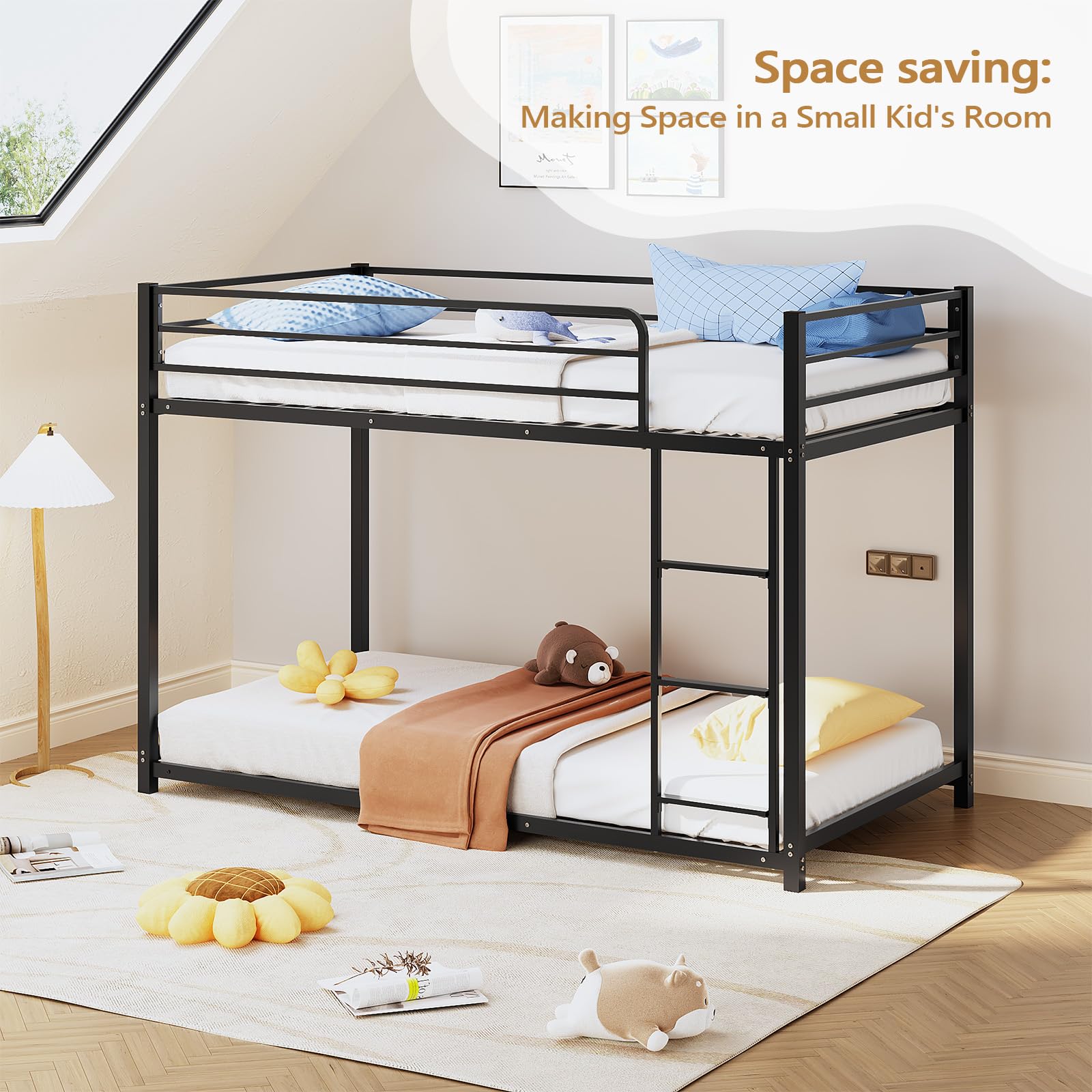 JOYMOR Metal Low Bunk Bed Twin Over Twin Bed Frame