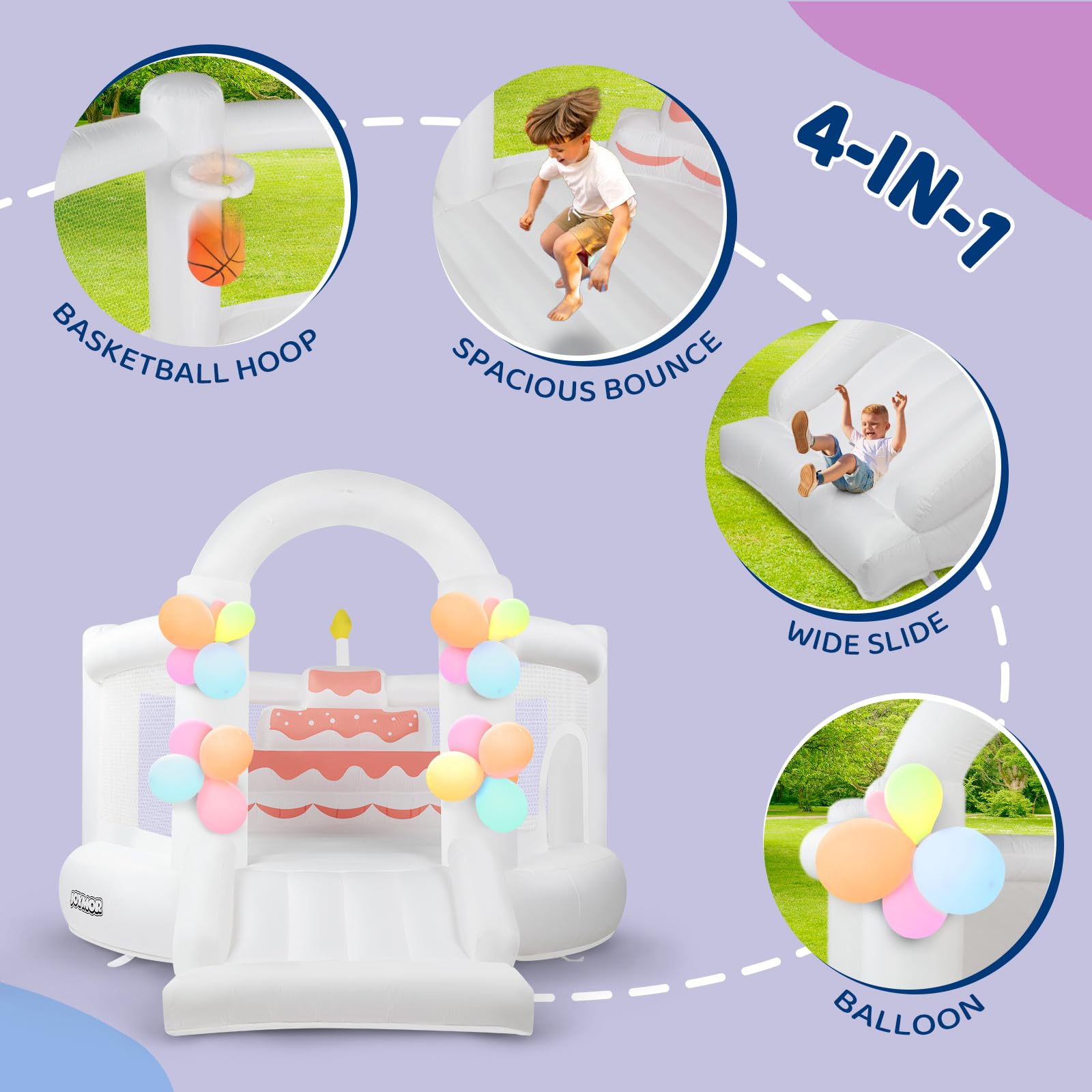 JOYMOR 4-in-1 White Inflatable Bounce House with Slide & Balloons