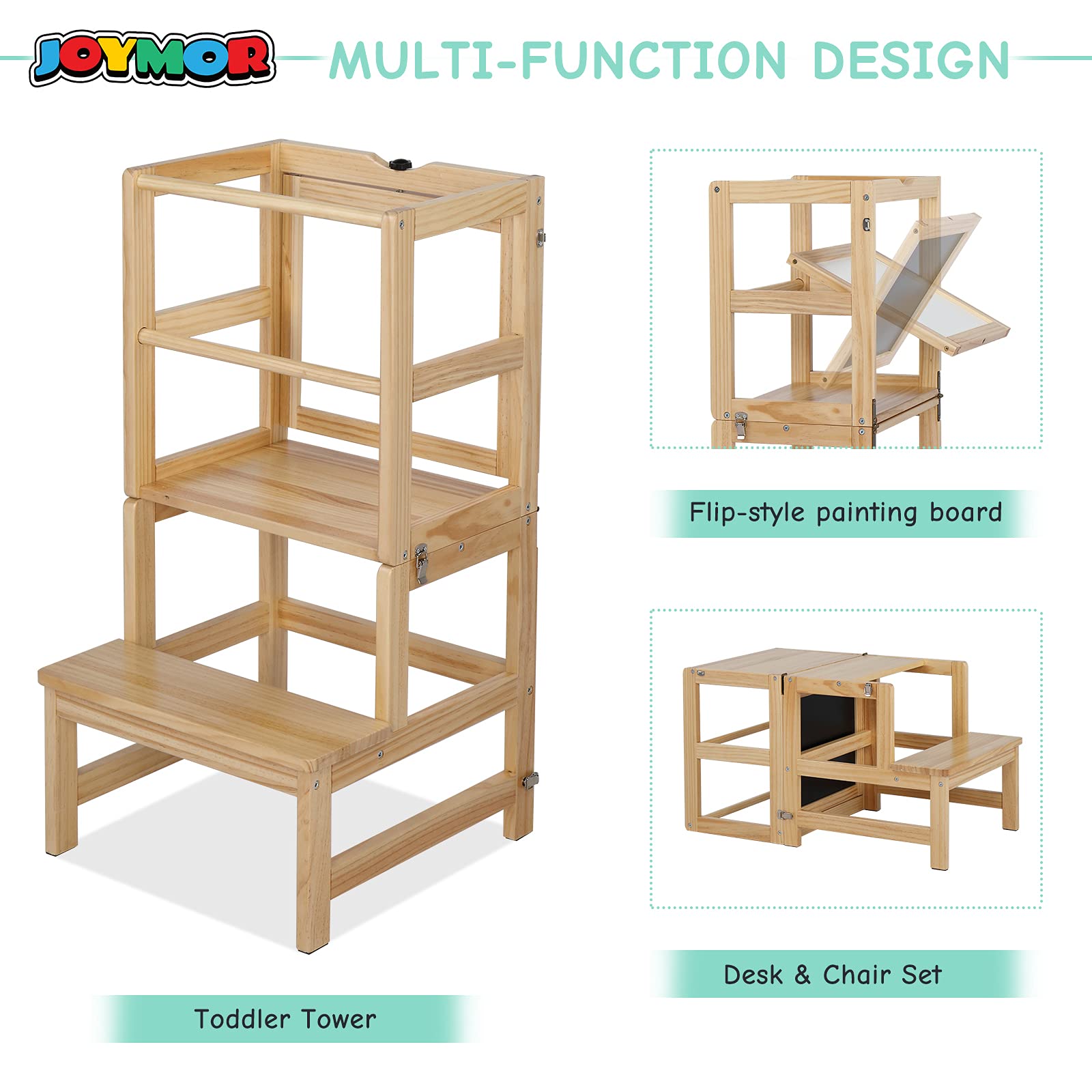 JoyMor Kids Kitchen Standing Tower with Safety Rail and Chalkboard