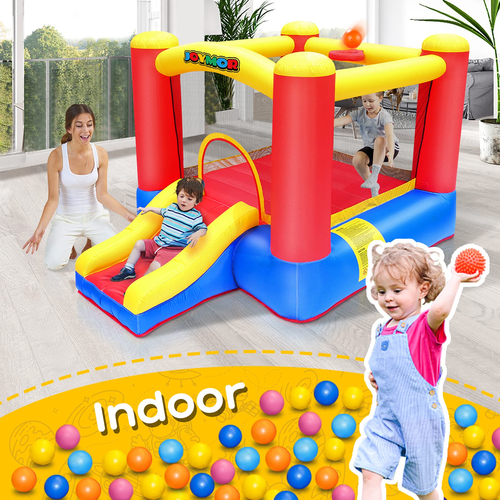 JOYMOR Inflatable Bounce Slide Castle House with Blower – Indoor & Outdoor Playhouse