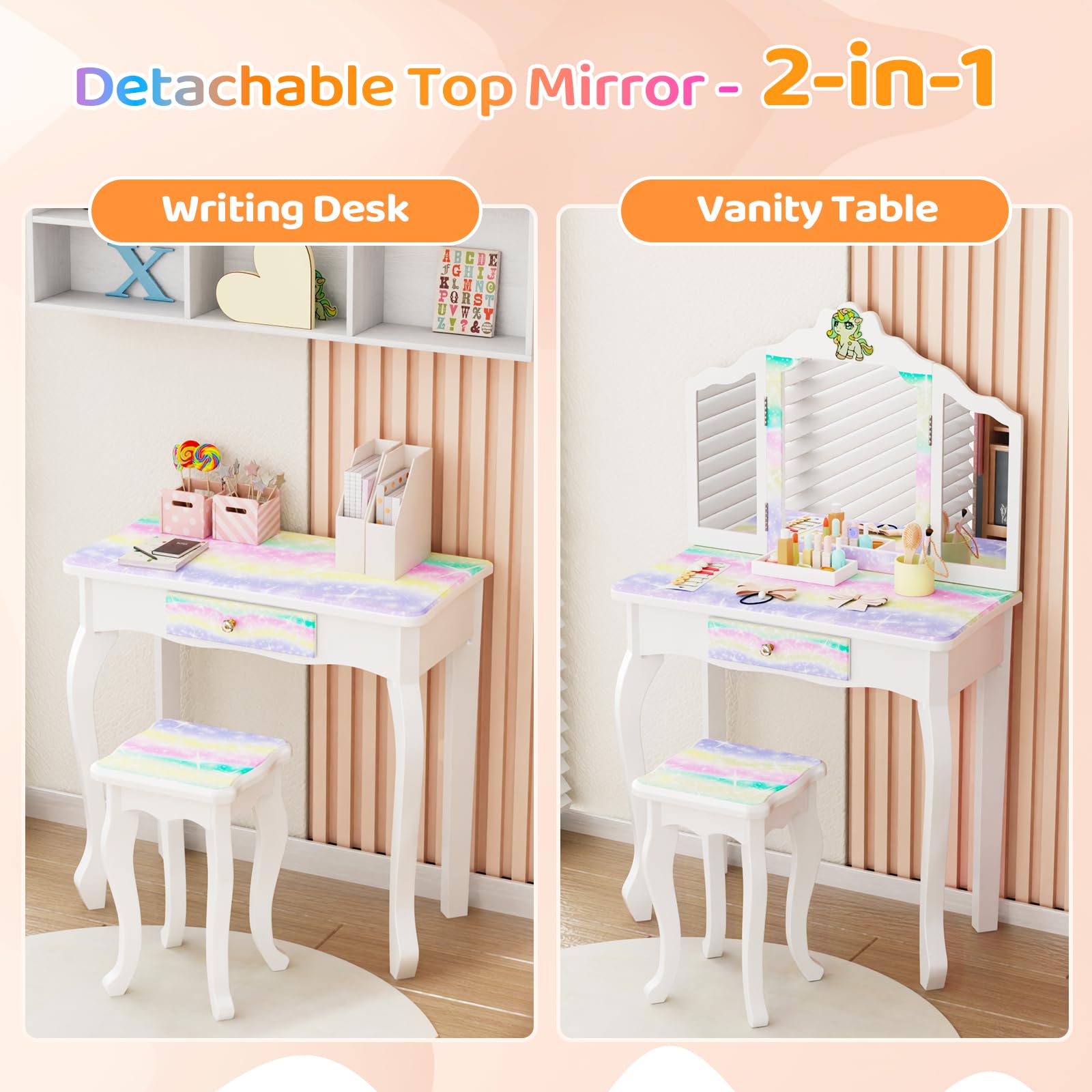JOYMOR Luminous Unicorn Kids Vanity 2-in-1 Toddler Vanity w/Tri-Fold Mirror