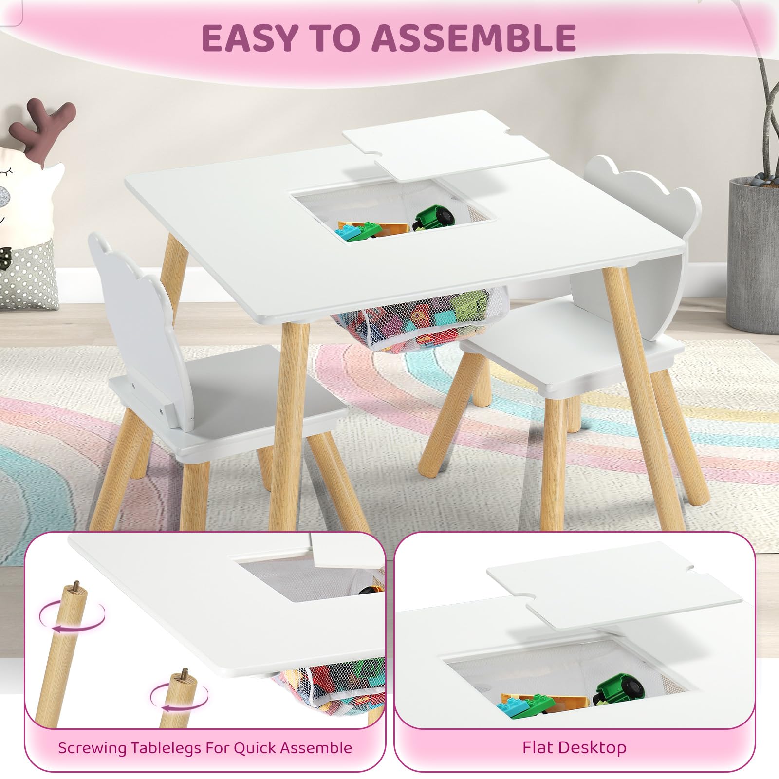 JOYMOR Kids Table and 2 Chairs Set with Storage & Removable Tabletop