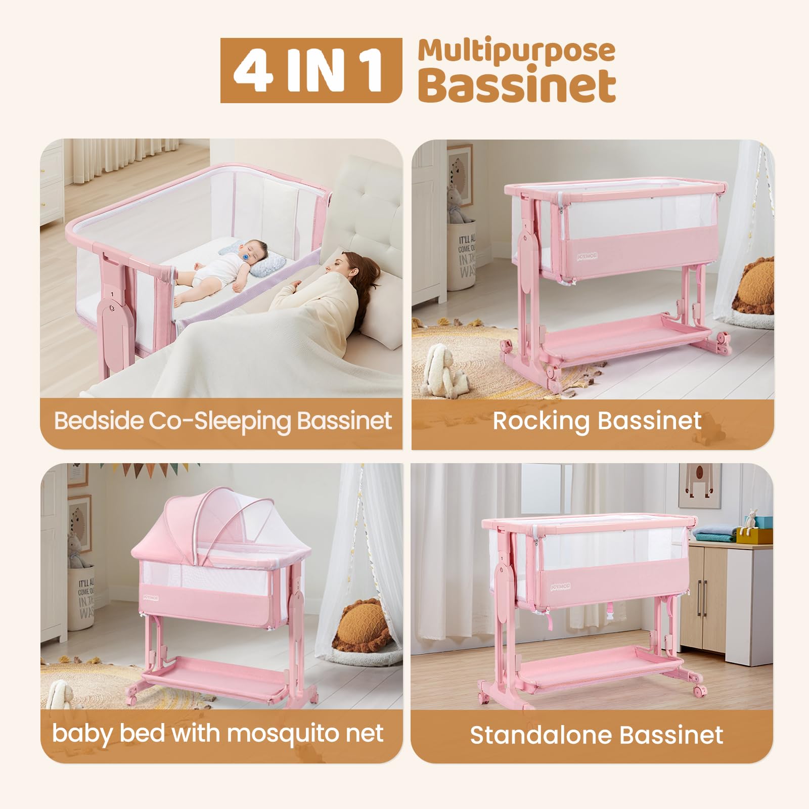 JOYMOR 4 in 1 Baby Bassinet Bedside Sleeper Adjustable Crib for Newborn