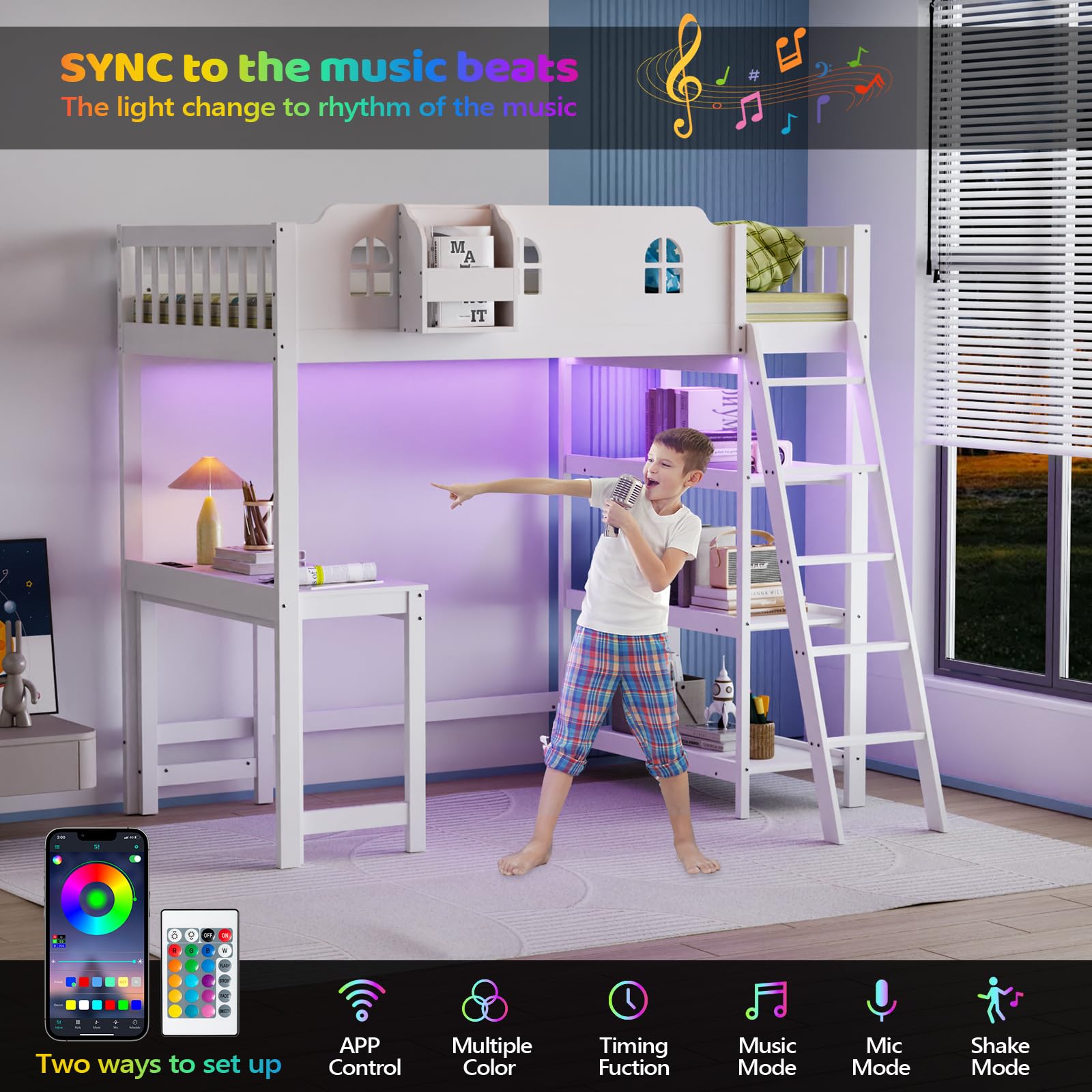 JOYMOR Wood Loft Bed with Desk Twin Size Bed Frame